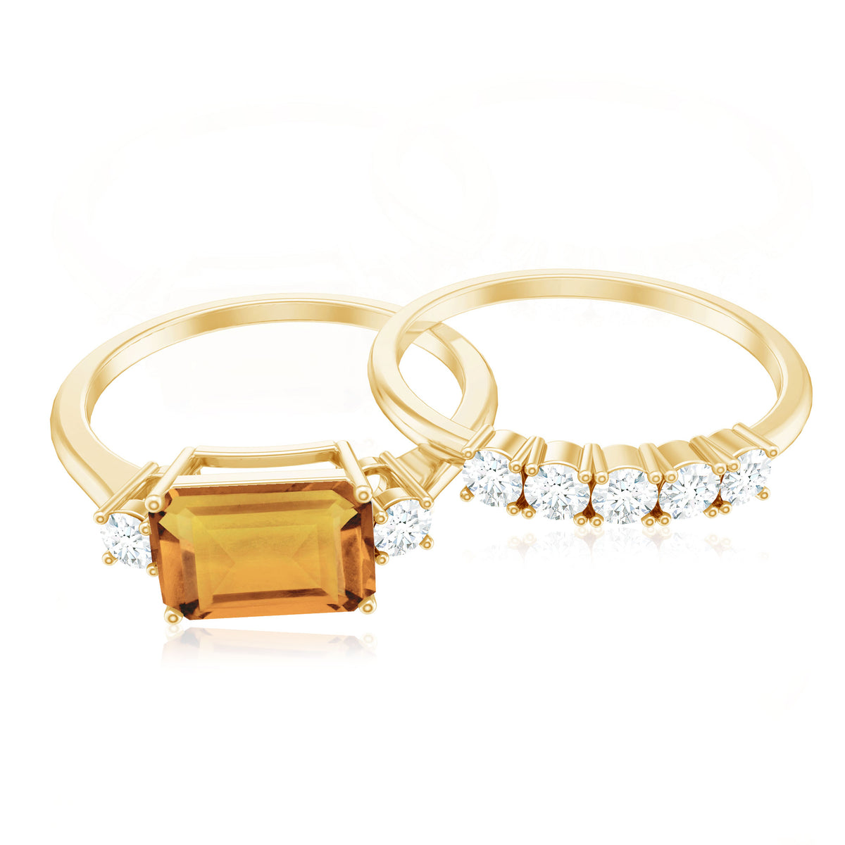 Certified Real Emerald Cut Citrine Wedding Engagement Ring Set with Moissanite AAA - Rosec Jewels
