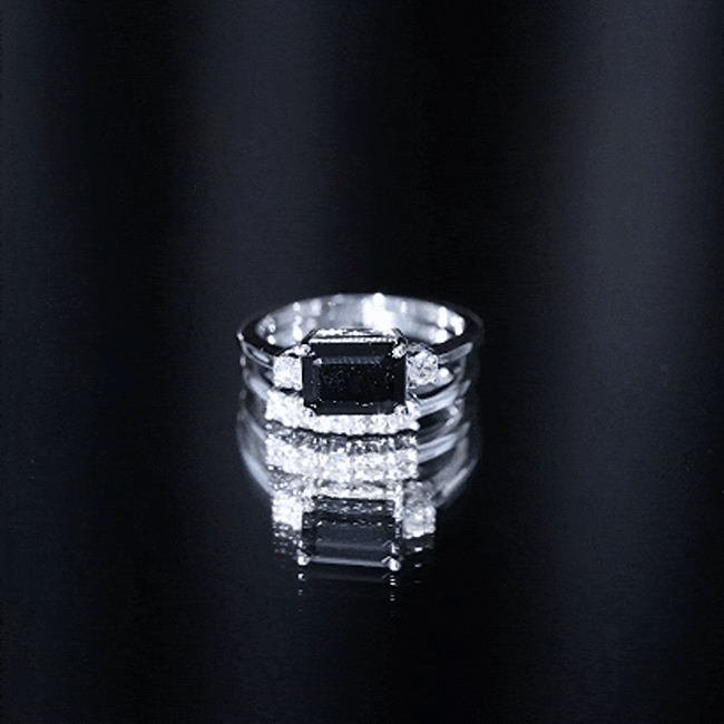 Emerald Cut Black Onyx and Diamond Wedding Ring Set AAA - Rosec Jewels