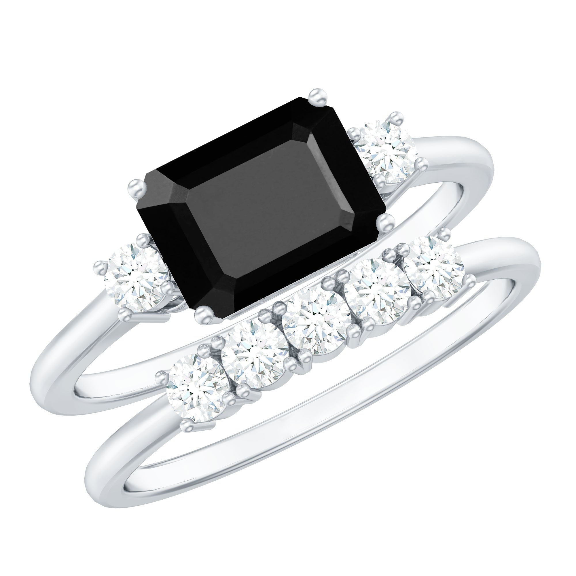 Emerald Cut Black Onyx and Diamond Wedding Ring Set