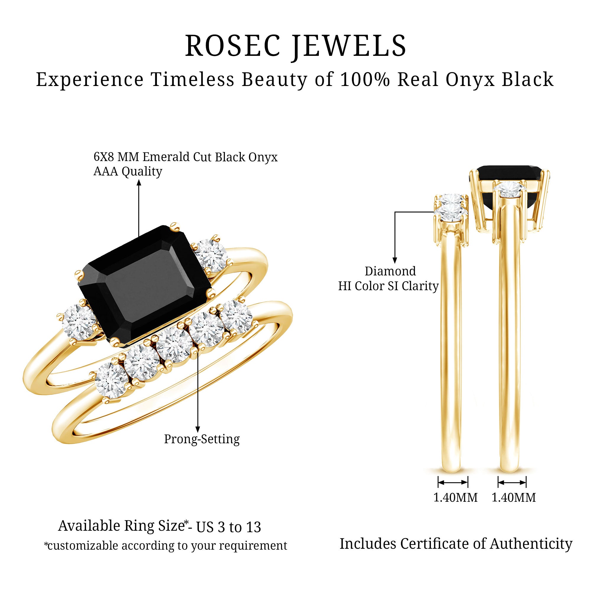 Emerald Cut Black Onyx and Diamond Wedding Ring Set AAA - Rosec Jewels