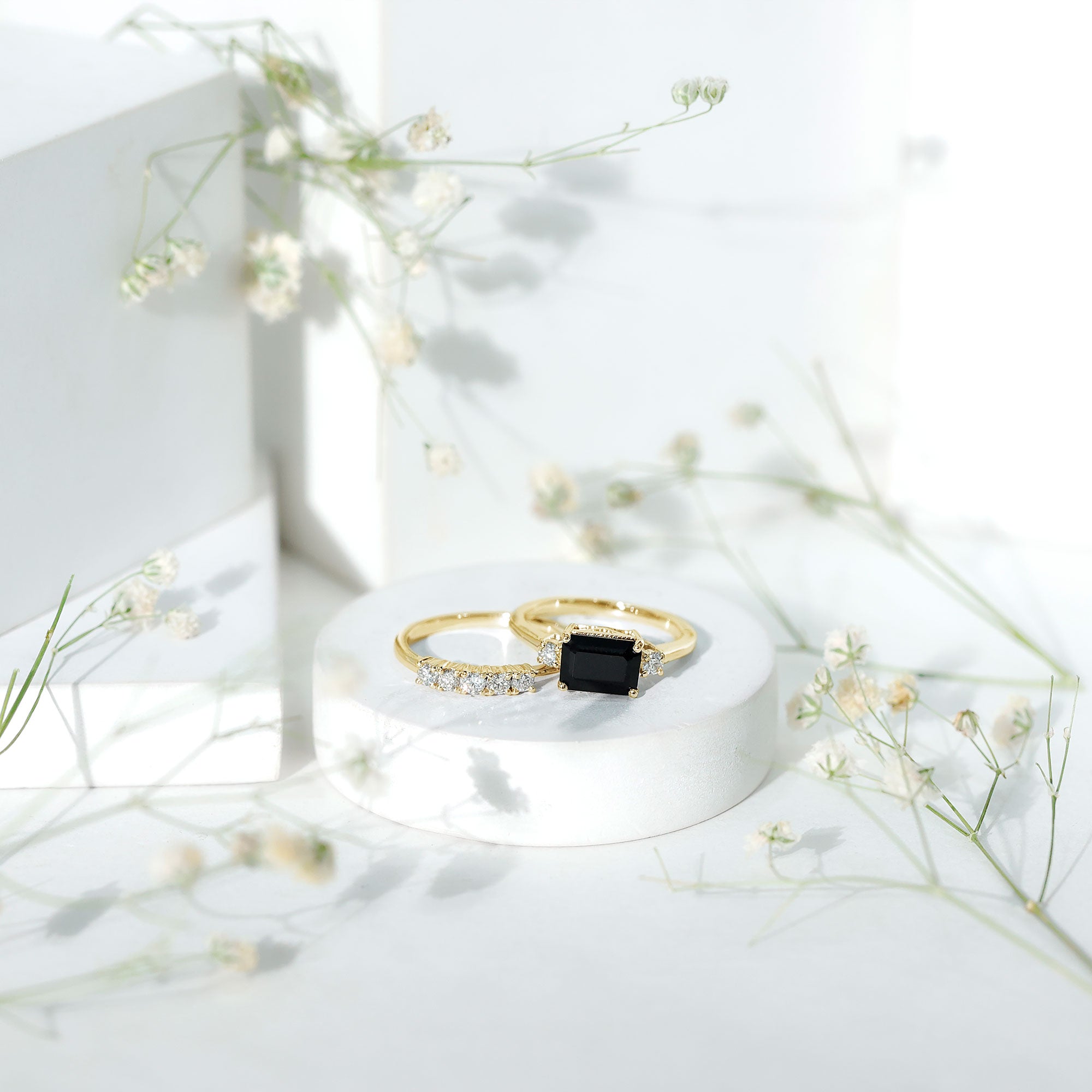 Emerald Cut Black Onyx and Diamond Wedding Ring Set AAA - Rosec Jewels