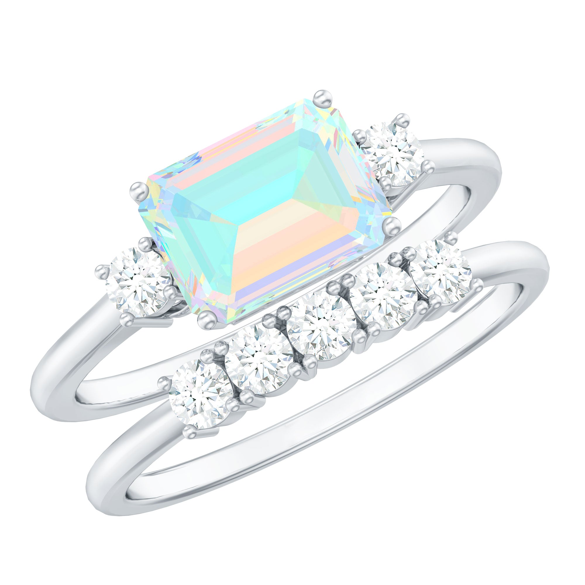 Natural Ethiopian Opal Diamond Emerald Cut Engagement Ring and Wedding Band Set