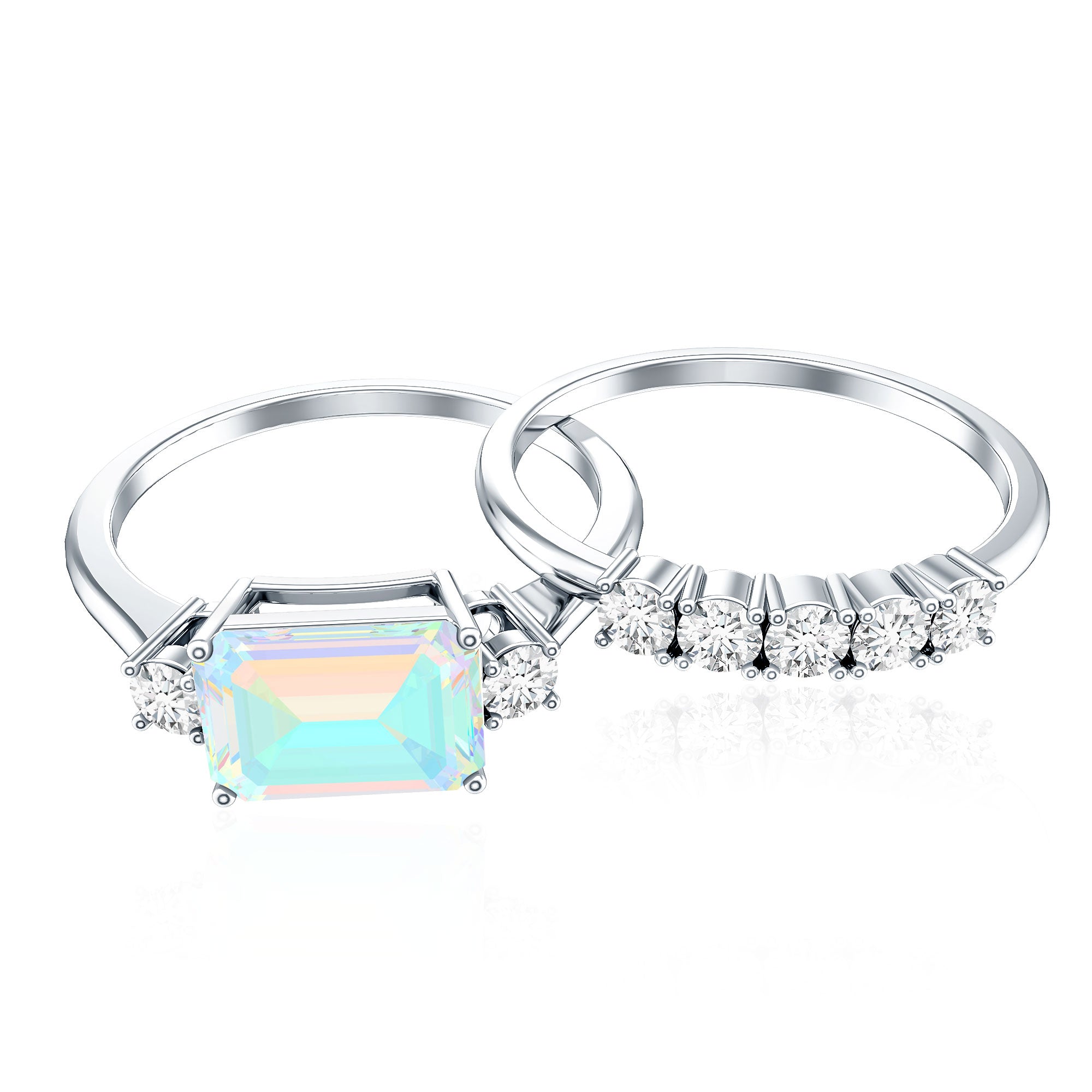 Natural Ethiopian Opal Diamond Emerald Cut Engagement Ring and Wedding Band Set AAA - Rosec Jewels