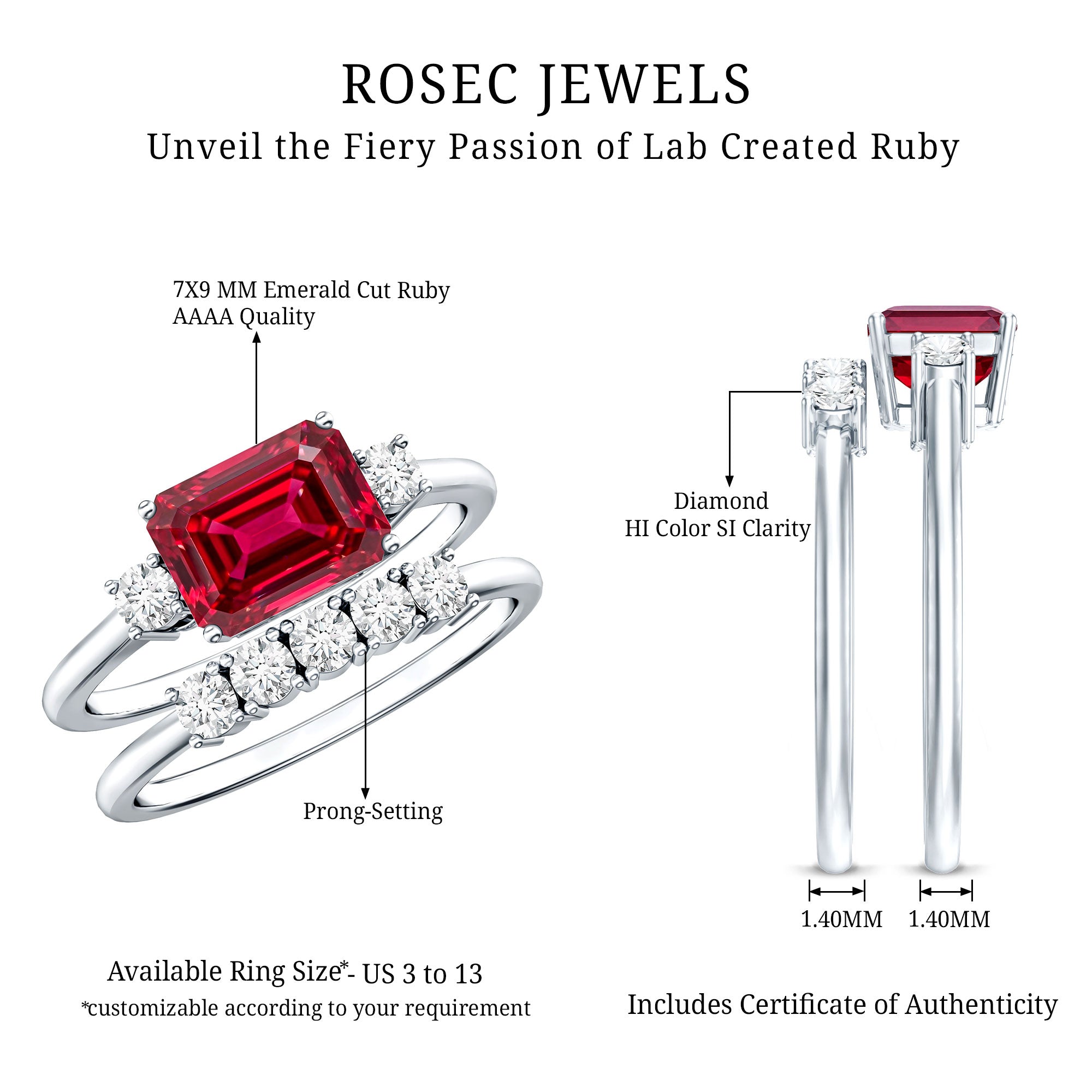 East West Set Emerald Cut Lab Ruby Engagement Ring with Diamond Wedding Band AAAA - Rosec Jewels