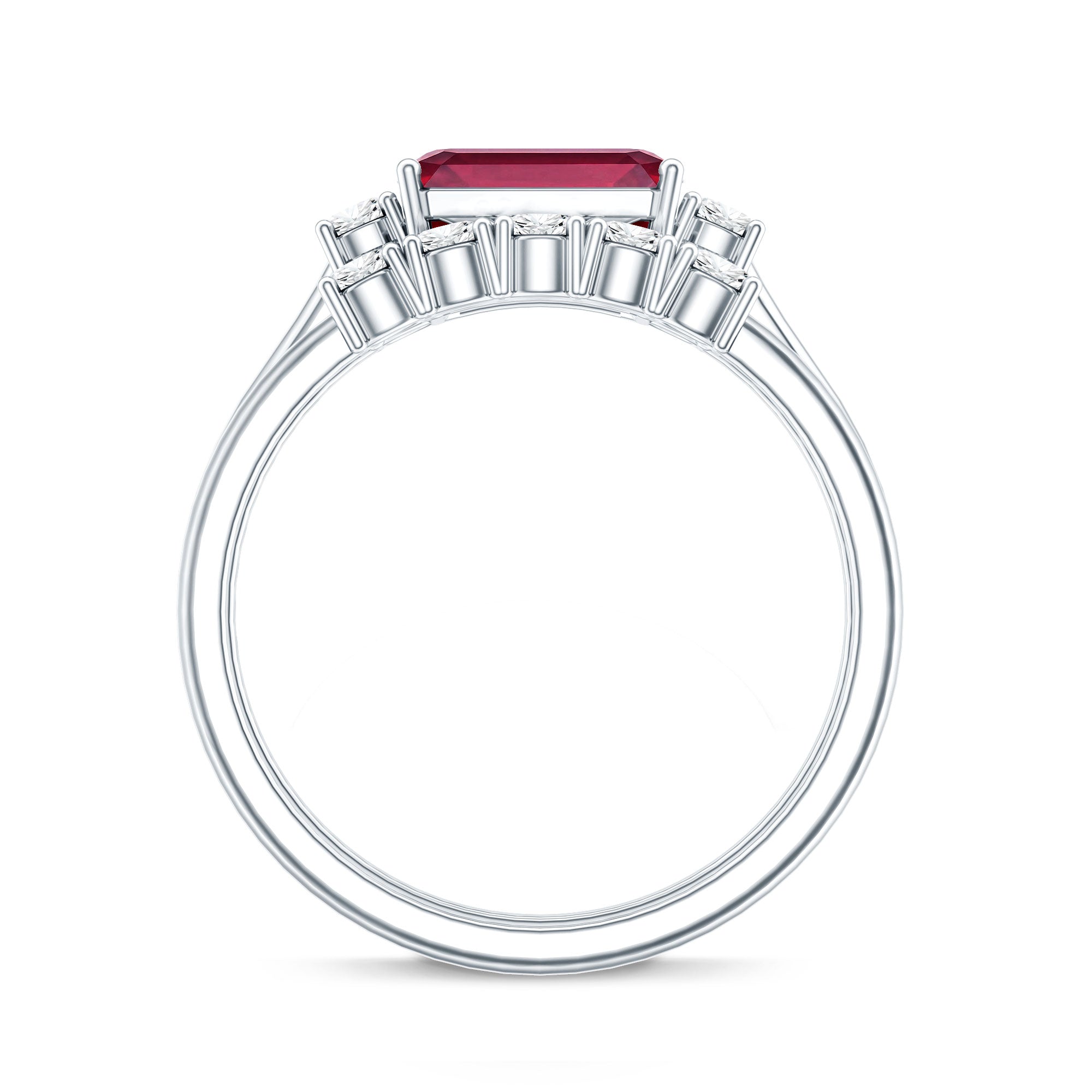 East West Set Emerald Cut Lab Ruby Engagement Ring with Diamond Wedding Band AAAA - Rosec Jewels