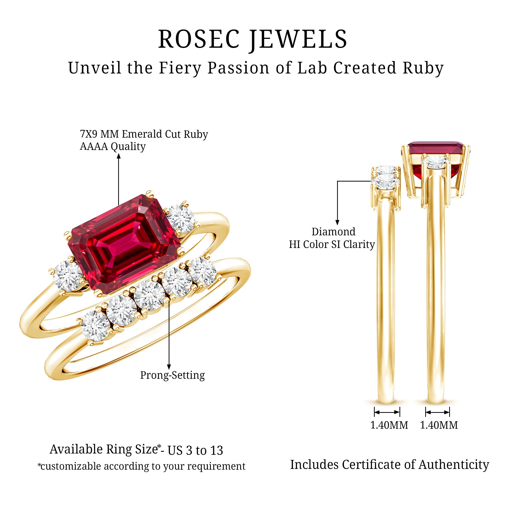 East West Set Emerald Cut Lab Ruby Engagement Ring with Diamond Wedding Band AAAA - Rosec Jewels