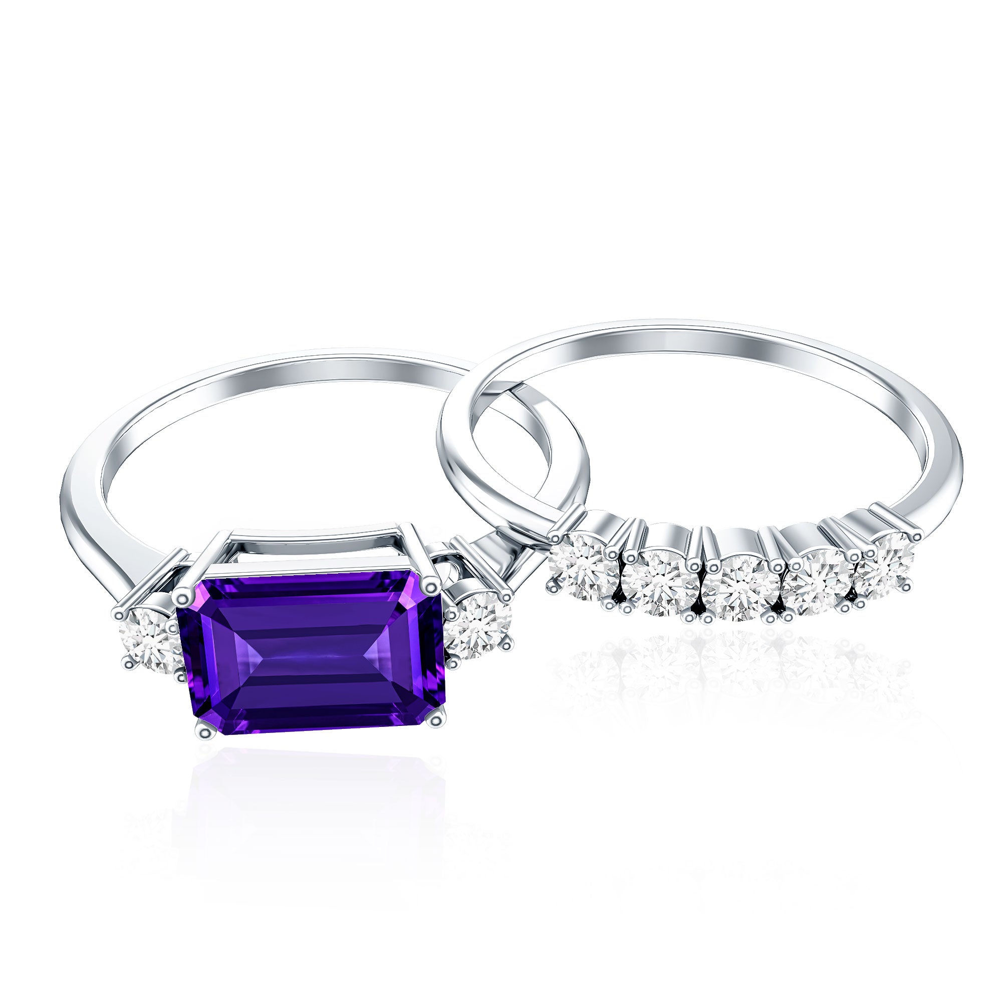Octagon Cut Amethyst Contemporary Wedding Ring Set with Diamond AAA - Rosec Jewels