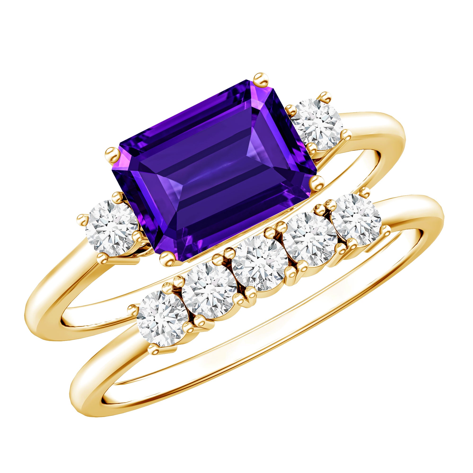 Octagon Cut Amethyst Contemporary Wedding Ring Set with Diamond AAA - Rosec Jewels