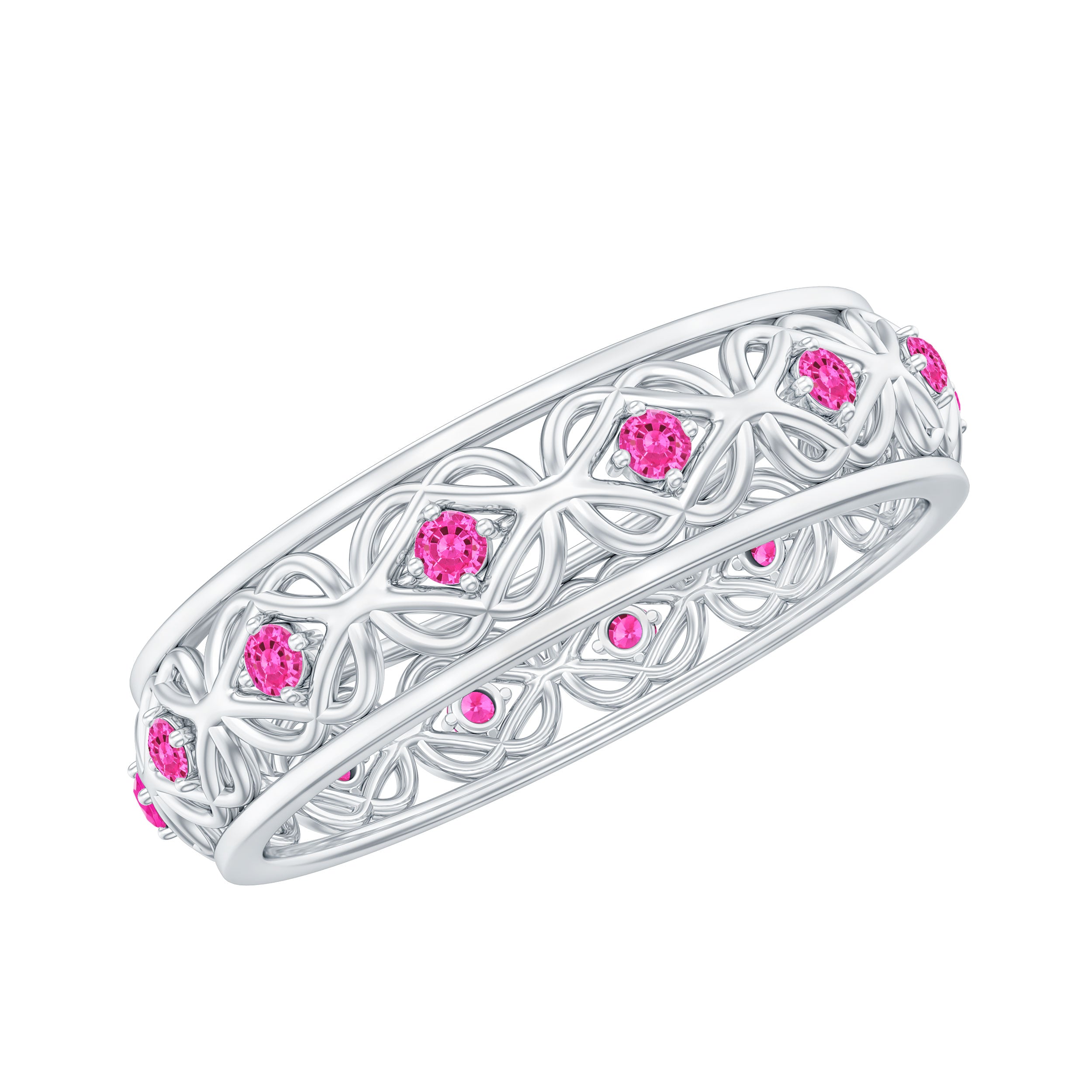 Bague en saphir rose créée en laboratoire avec serti diagonal à 4 griffes avec détails celtiques