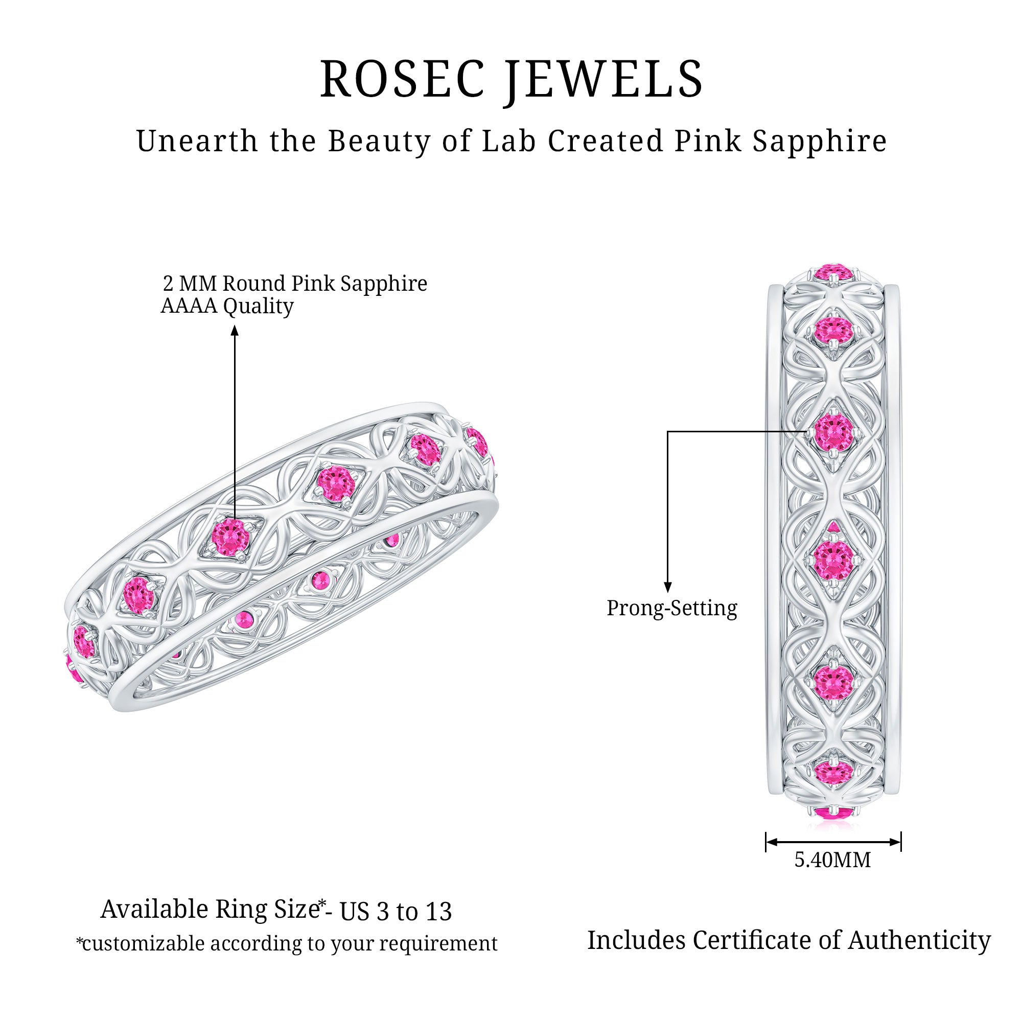 Rosec Jewels-Lab Created Pink Sapphire Wedding Band with Celtic Details