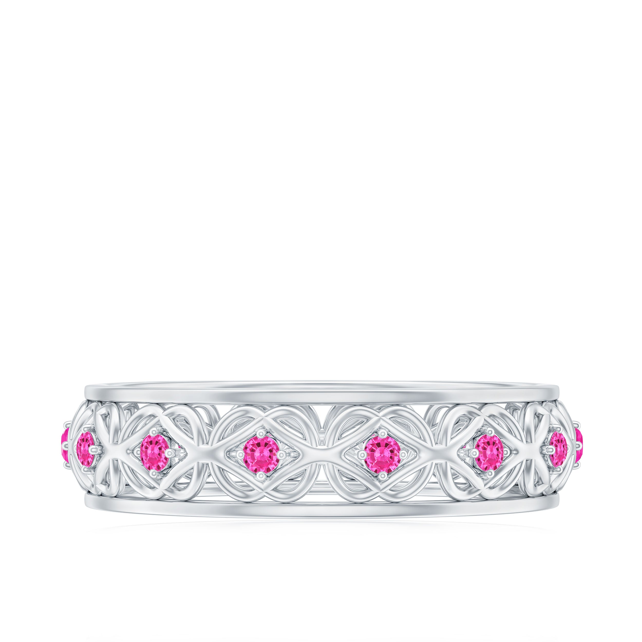 Rosec Jewels-Lab Created Pink Sapphire Wedding Band with Celtic Details