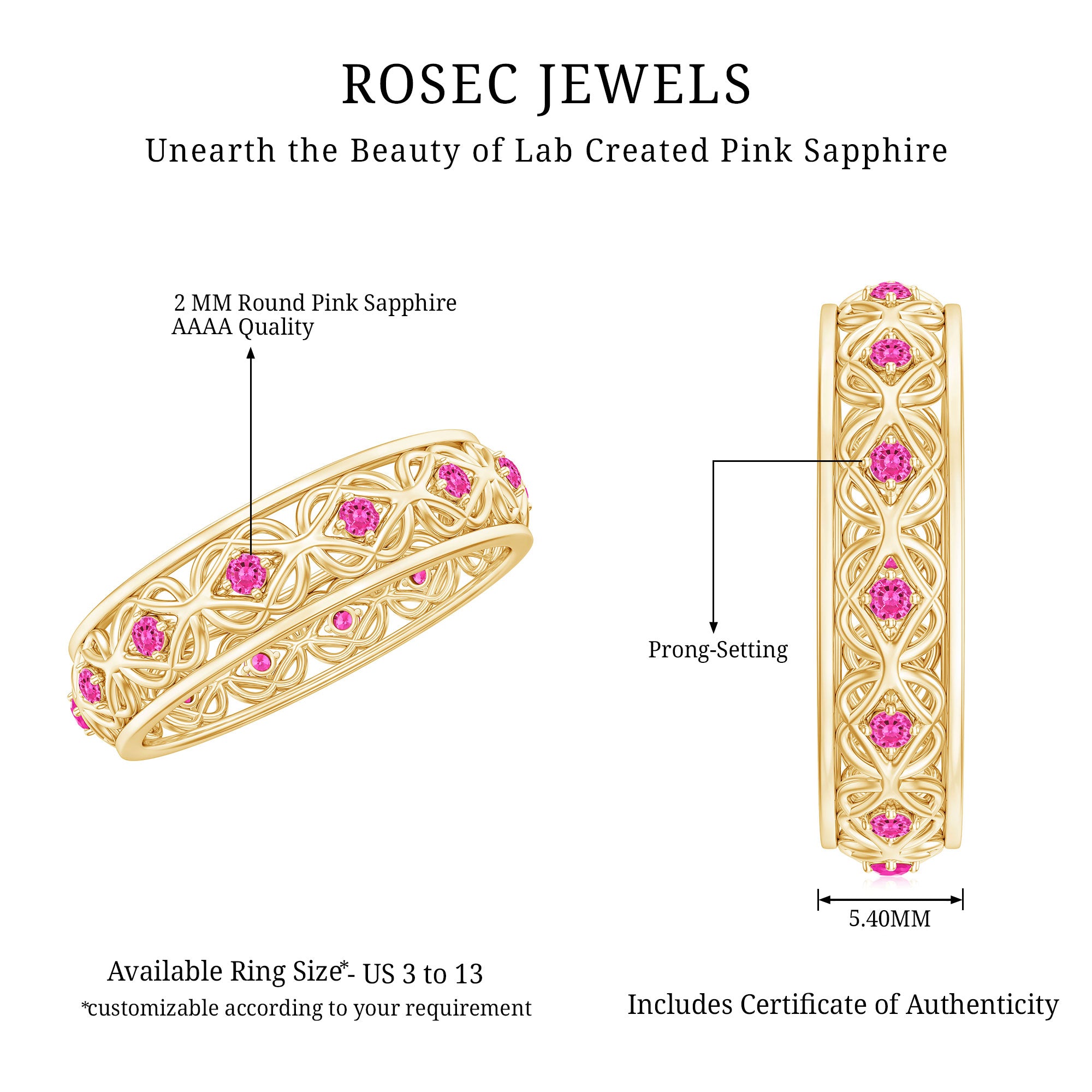 Rosec Jewels-Lab Created Pink Sapphire Wedding Band with Celtic Details
