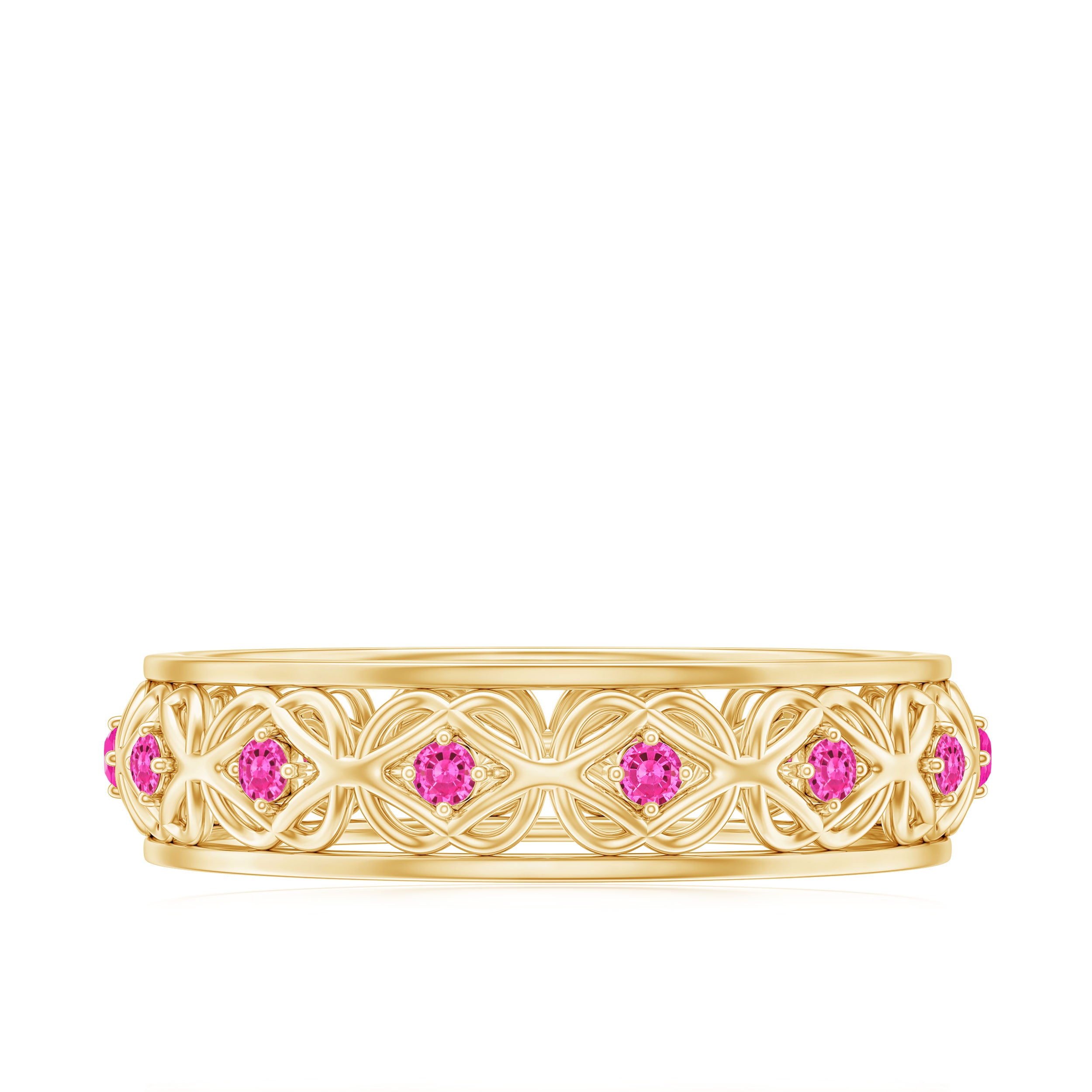 Rosec Jewels-Lab Created Pink Sapphire Wedding Band with Celtic Details