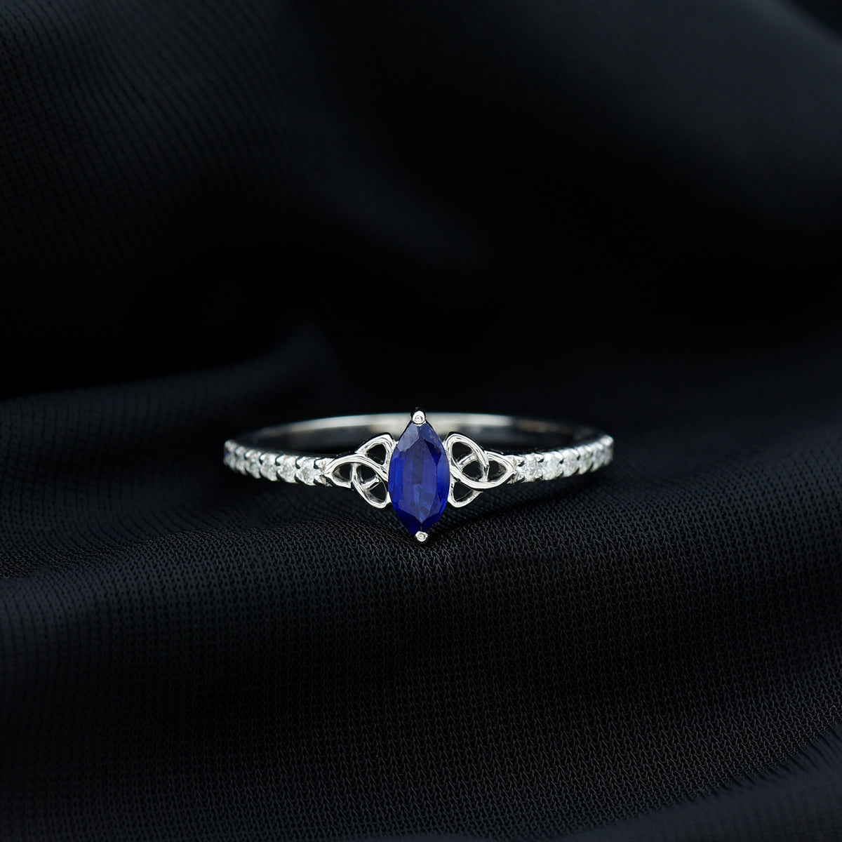 Certified 0.7 Carat Lab Grown Blue Sapphire Diamond Marquise Engagement Ring with Celtic Knot AAAA - Rosec Jewels