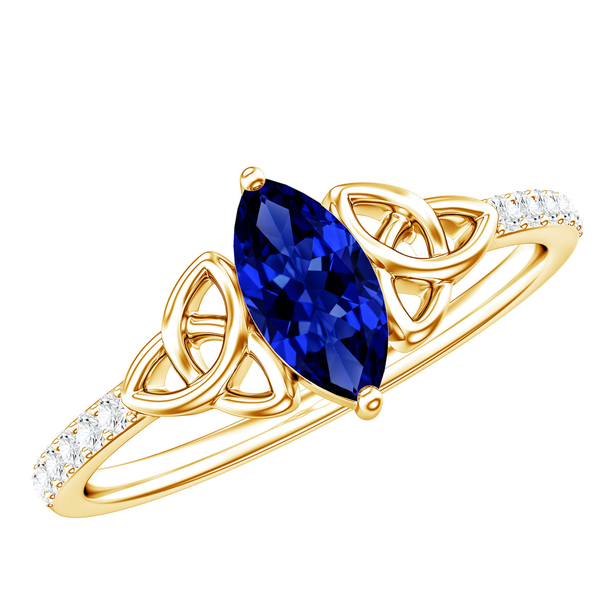Certified 0.7 Carat Lab Grown Blue Sapphire Diamond Marquise Engagement Ring with Celtic Knot AAAA - Rosec Jewels
