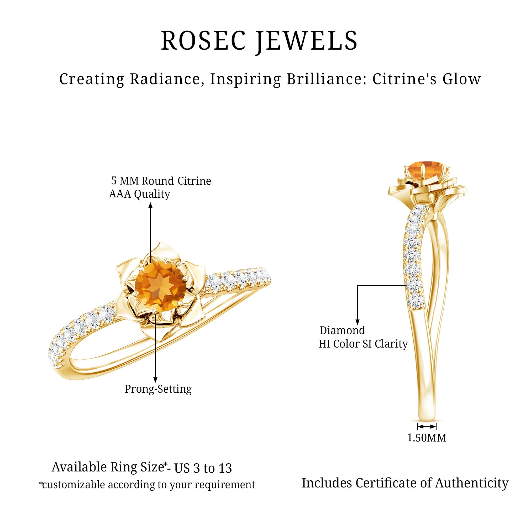 Certified Real Citrine Flower Engagement Ring with Diamond AAA - Rosec Jewels