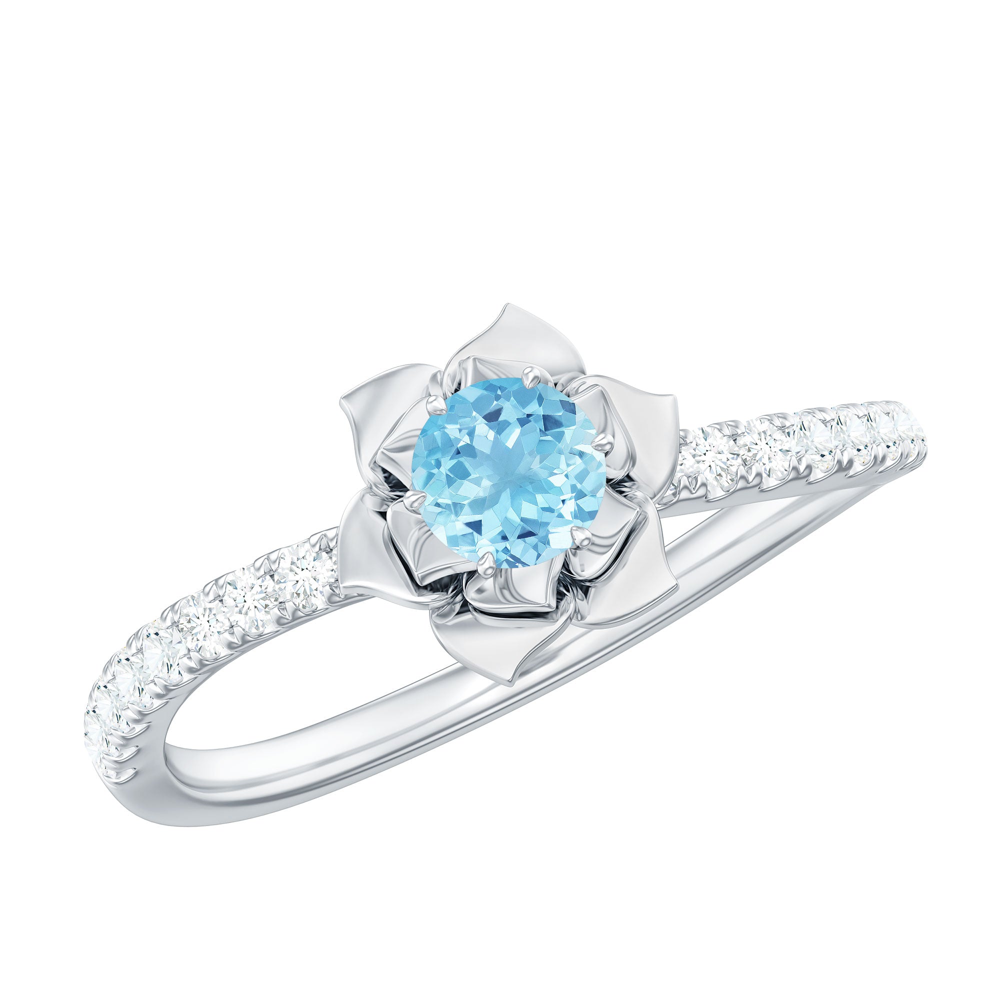 Floral Inspired Aquamarine Rose Engagement Ring with Diamond