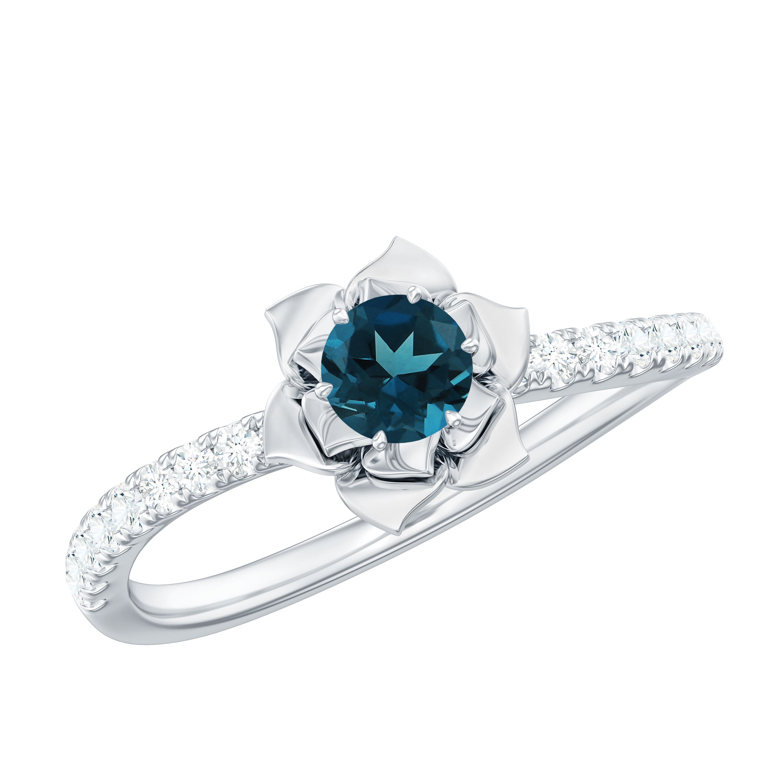 5mm Round London Blue Topaz Floral Engagement Ring with Diamond AAA - Rosec Jewels