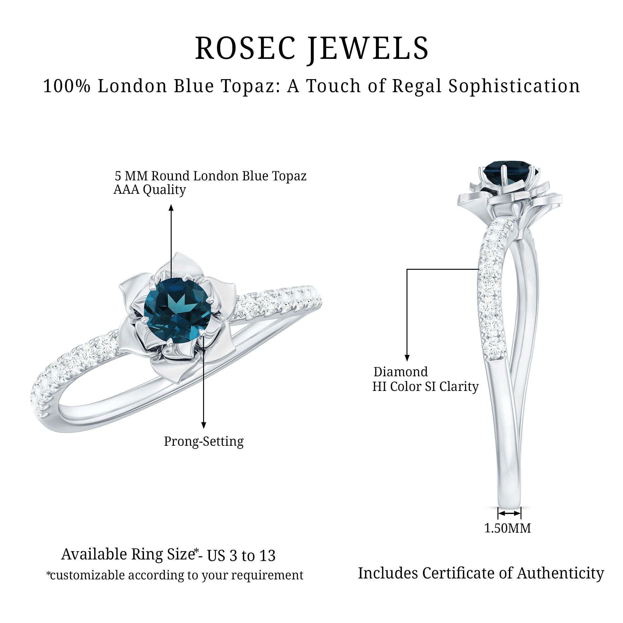 5mm Round London Blue Topaz Floral Engagement Ring with Diamond AAA - Rosec Jewels