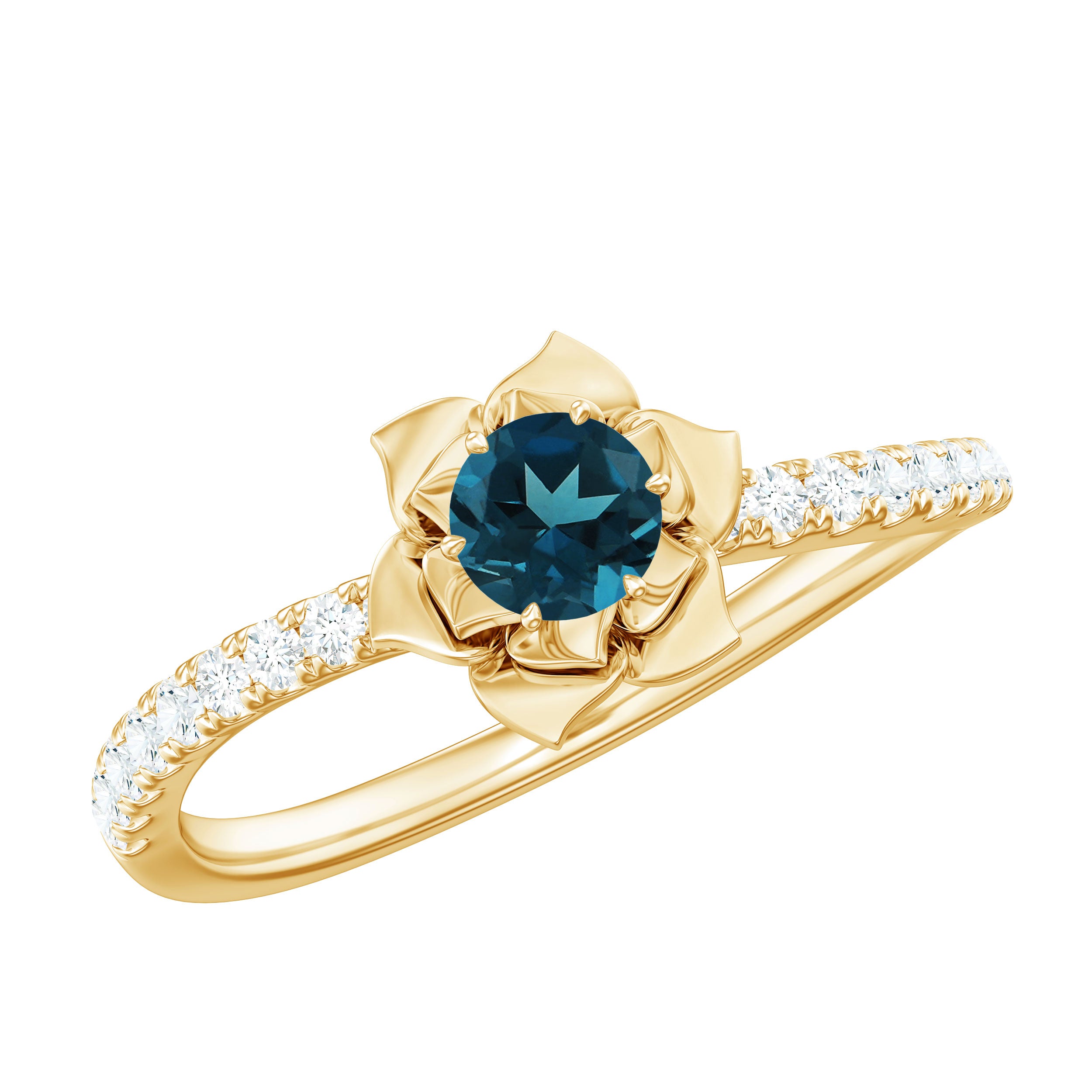 5mm Round London Blue Topaz Floral Engagement Ring with Diamond AAA - Rosec Jewels