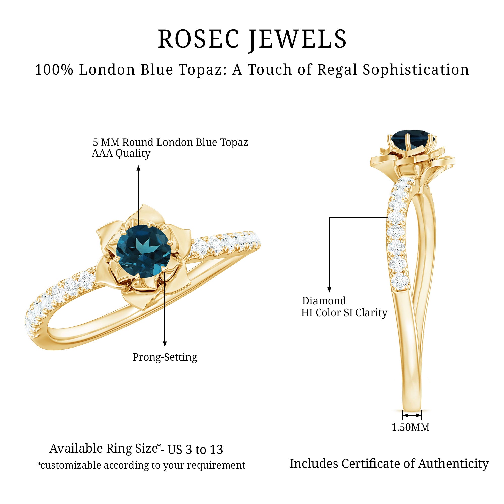 5mm Round London Blue Topaz Floral Engagement Ring with Diamond AAA - Rosec Jewels