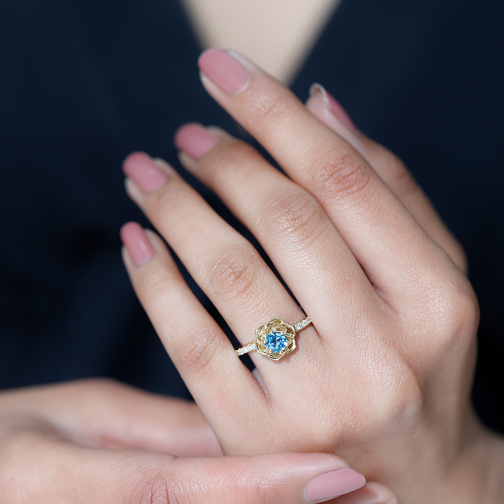 5mm Round London Blue Topaz Floral Engagement Ring with Diamond AAA - Rosec Jewels