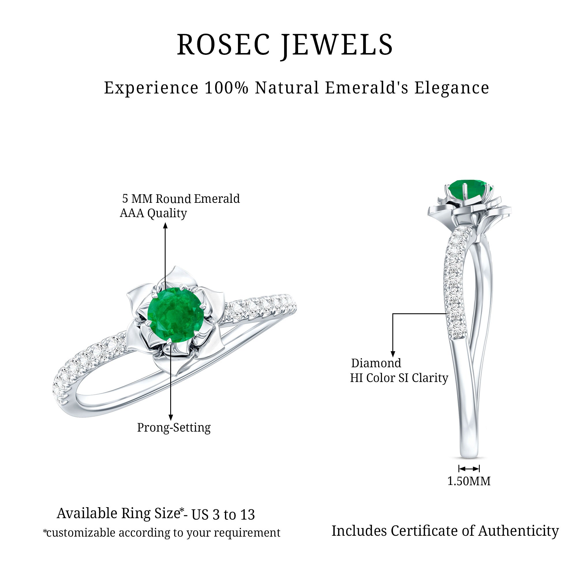 Genuine Emerald Flower Engagement Ring with Diamond AAA - Rosec Jewels