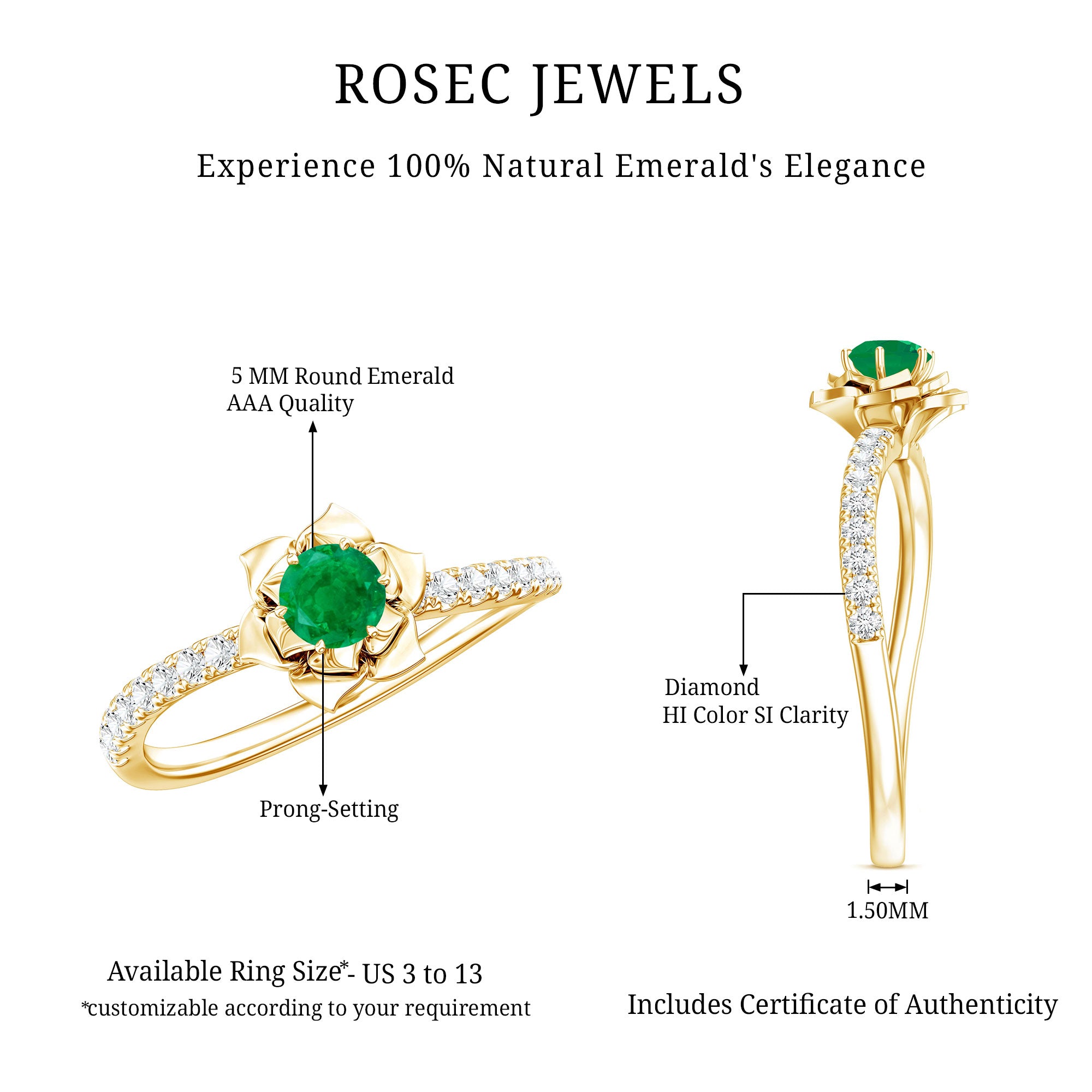 Genuine Emerald Flower Engagement Ring with Diamond AAA - Rosec Jewels