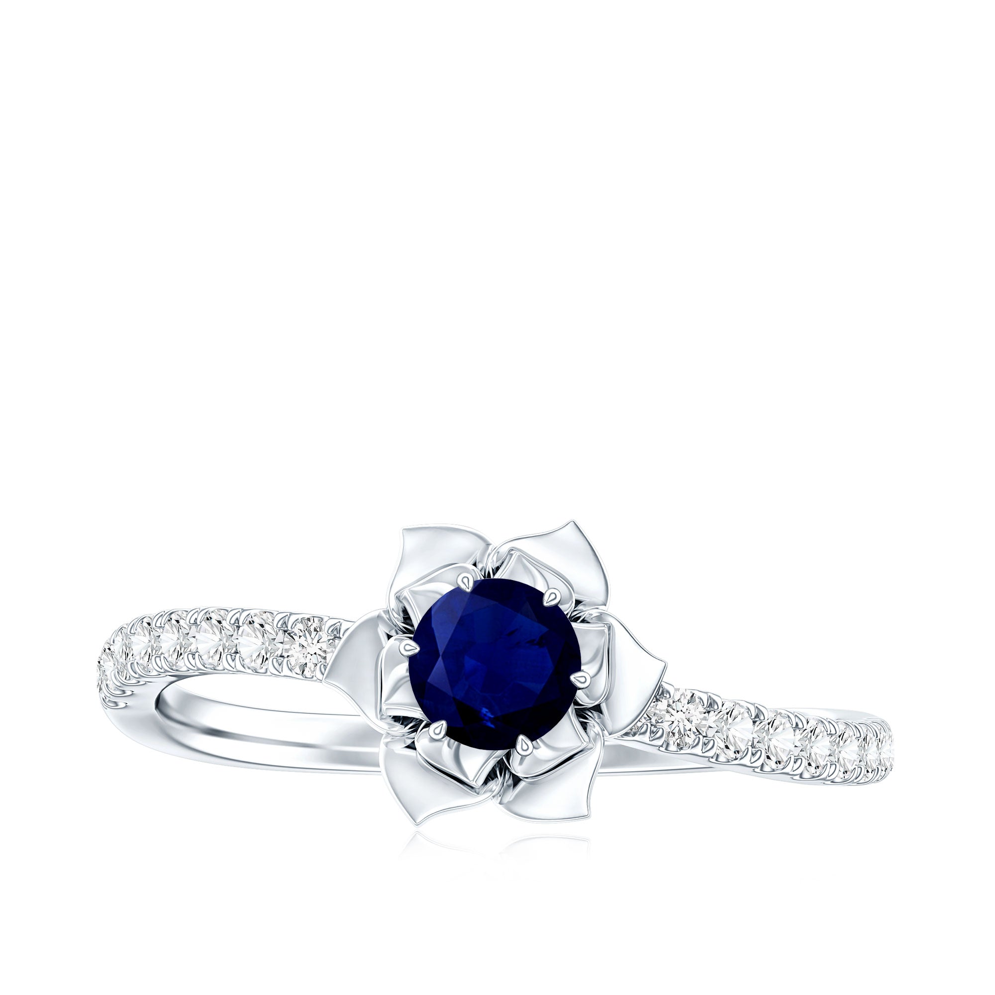 Real 0.9 Carat Blue Sapphire Rose Flower Engagement Ring with Diamond AAA - Rosec Jewels