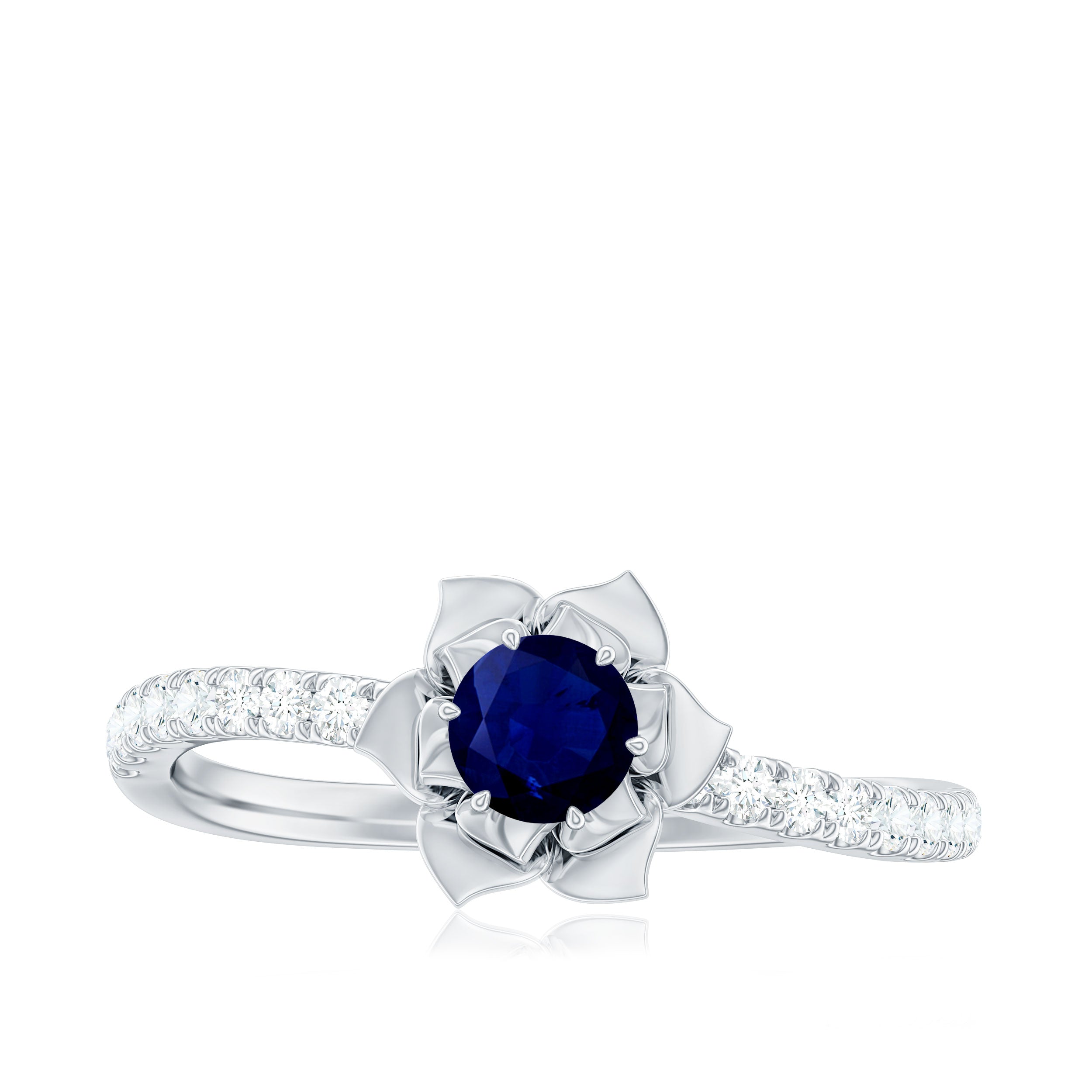 Rosec Jewels-Real 0.9 Carat Blue Sapphire Rose Flower Engagement Ring with Diamond