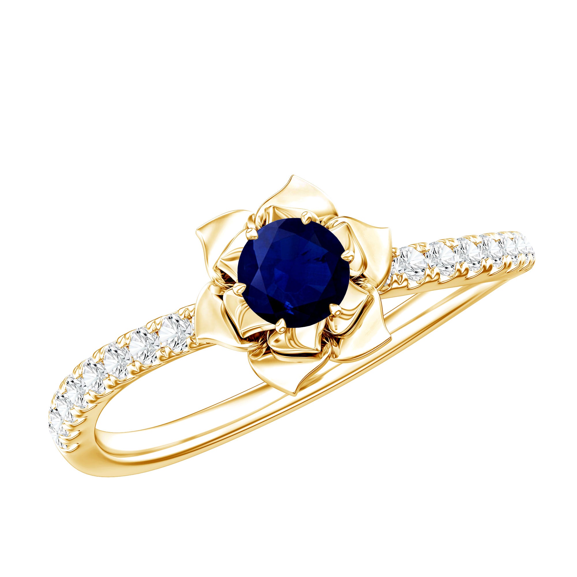 Real 0.9 Carat Blue Sapphire Rose Flower Engagement Ring with Diamond AAA - Rosec Jewels
