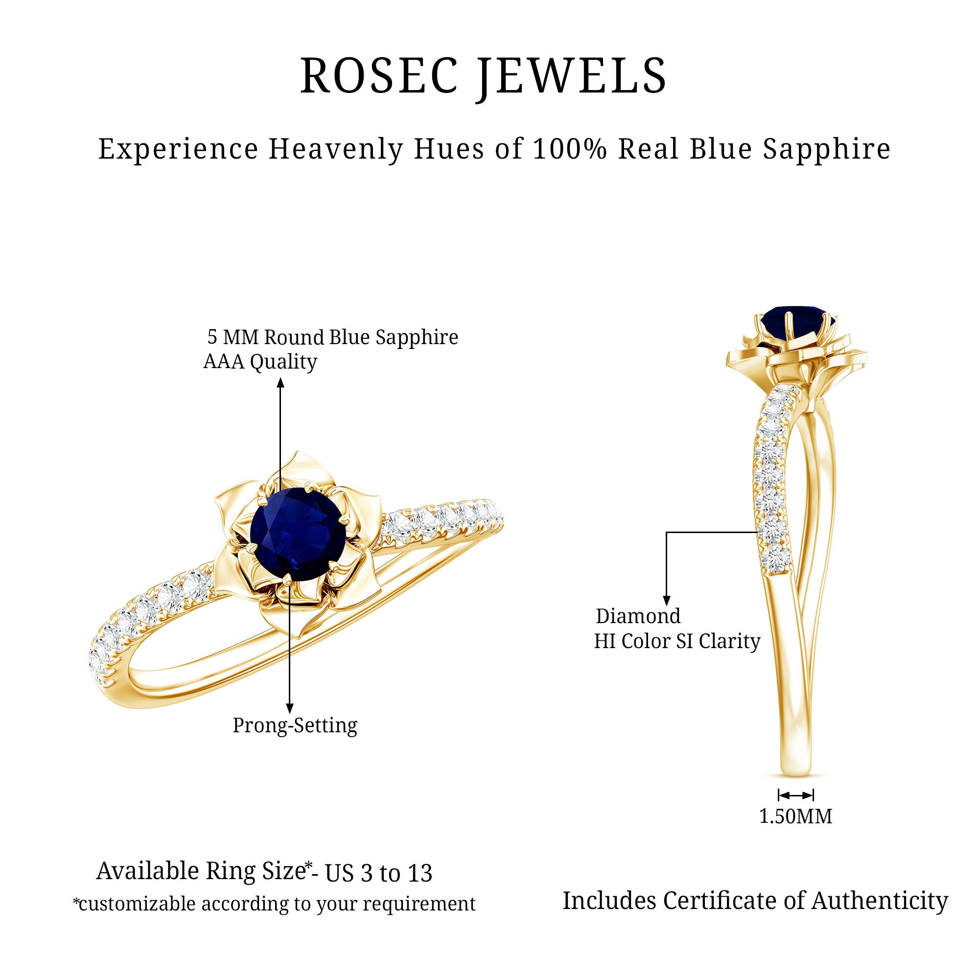 Real 0.9 Carat Blue Sapphire Rose Flower Engagement Ring with Diamond AAA - Rosec Jewels