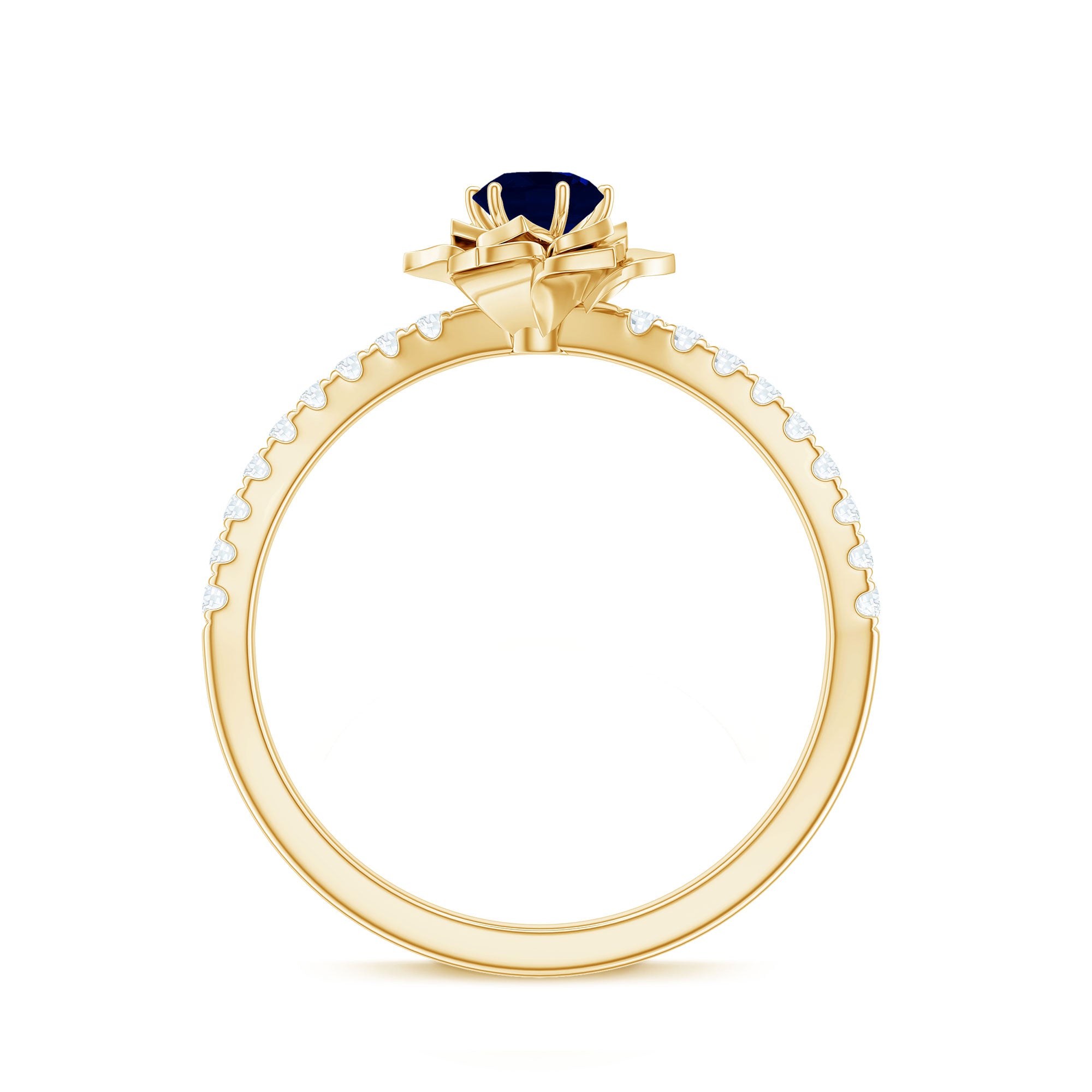 Real 0.9 Carat Blue Sapphire Rose Flower Engagement Ring with Diamond AAA - Rosec Jewels