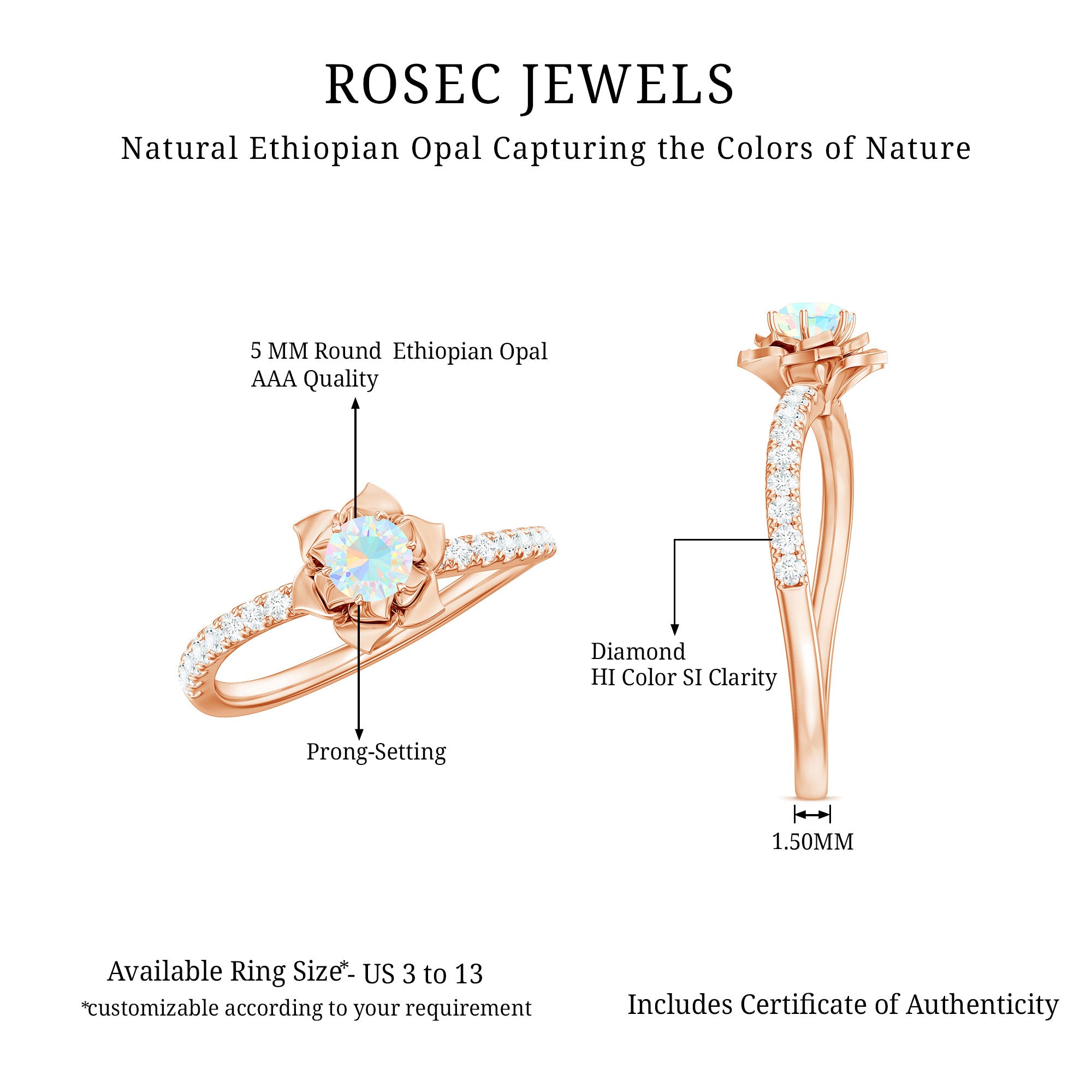 Natural Ethiopian Opal Floral Engagement Ring with Diamond Side Stones AAA - Rosec Jewels