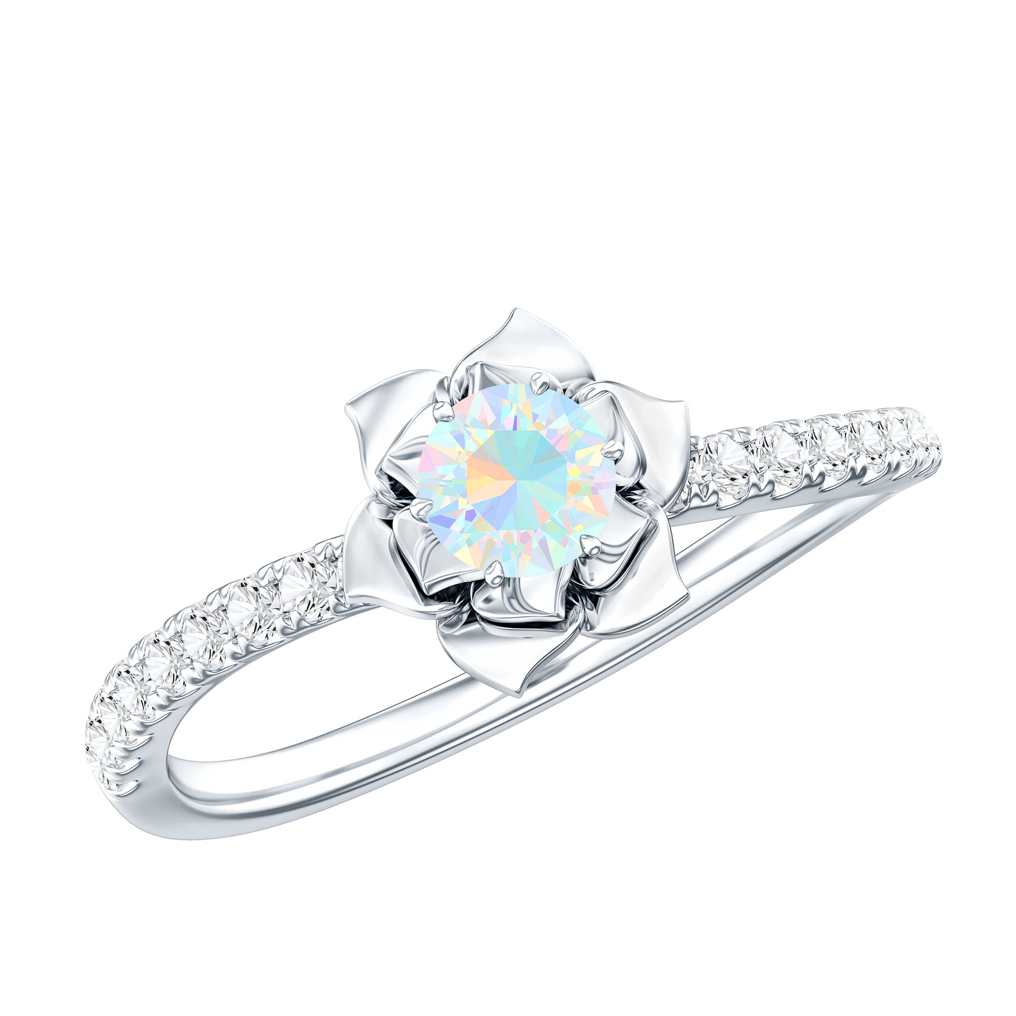 Natural Ethiopian Opal Floral Engagement Ring with Diamond Side Stones AAA - Rosec Jewels