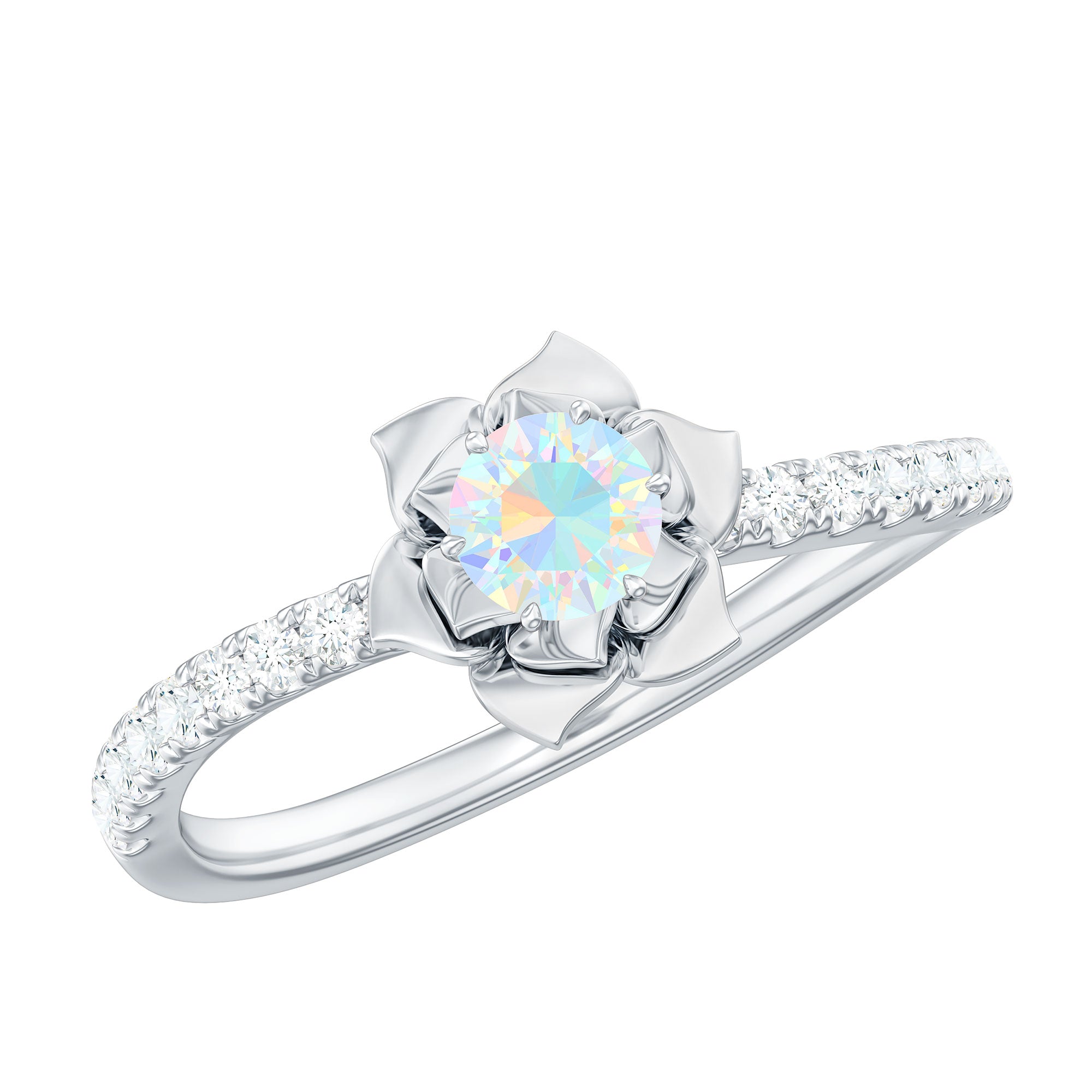 Natural Ethiopian Opal Floral Engagement Ring with Diamond Side Stones