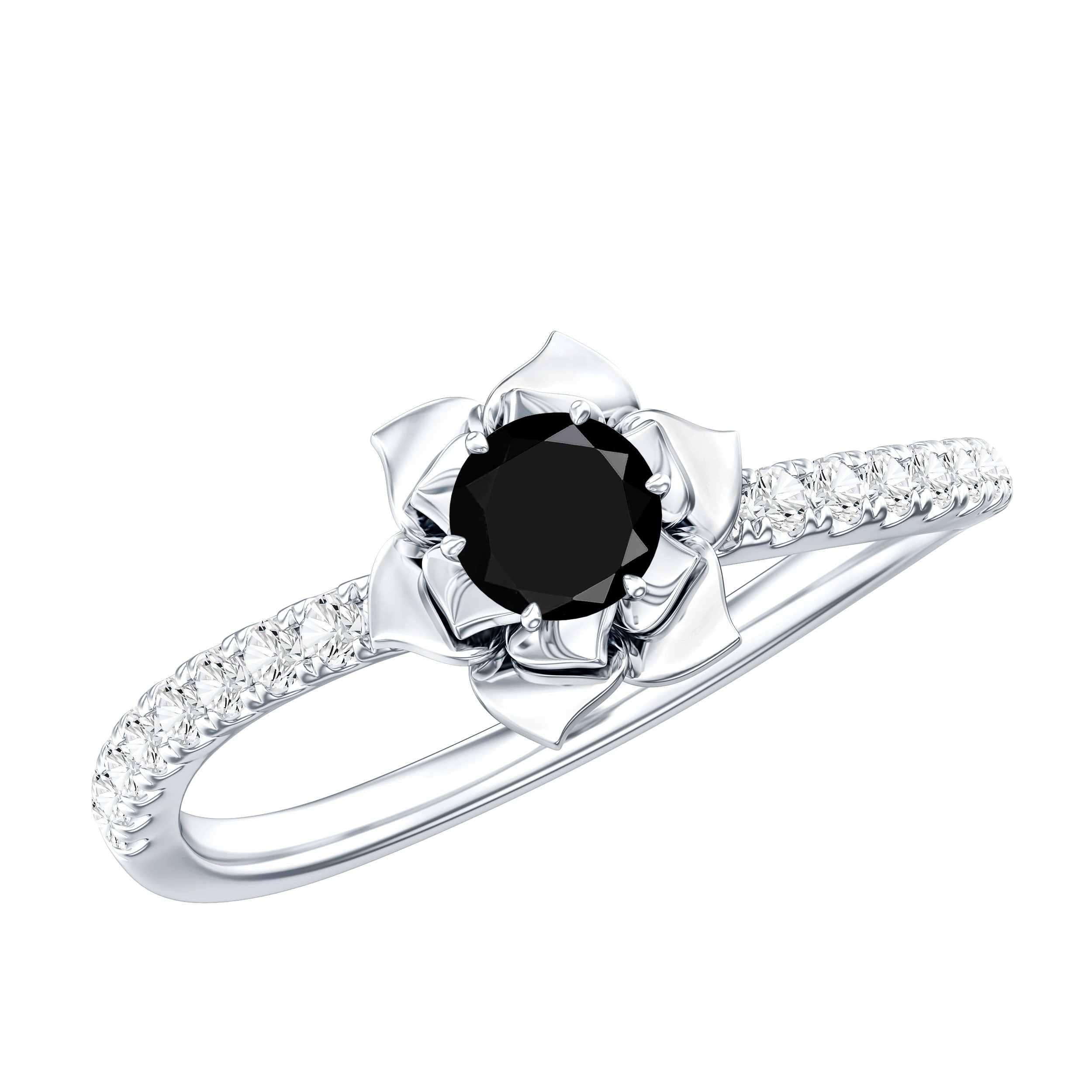 Certified Real Black Spinel Flower Engagement Ring with Diamond AAA - Rosec Jewels
