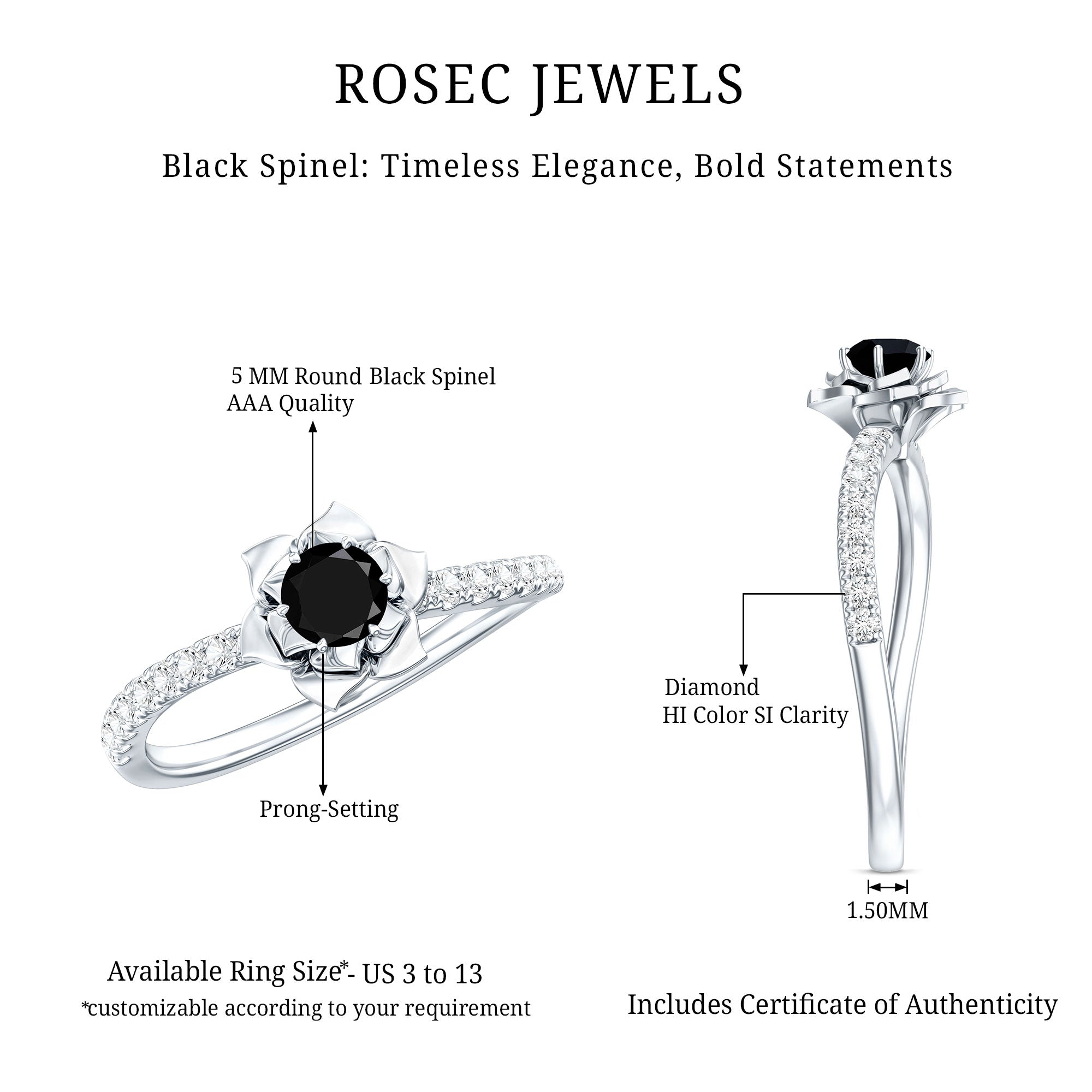 Certified Real Black Spinel Flower Engagement Ring with Diamond AAA - Rosec Jewels