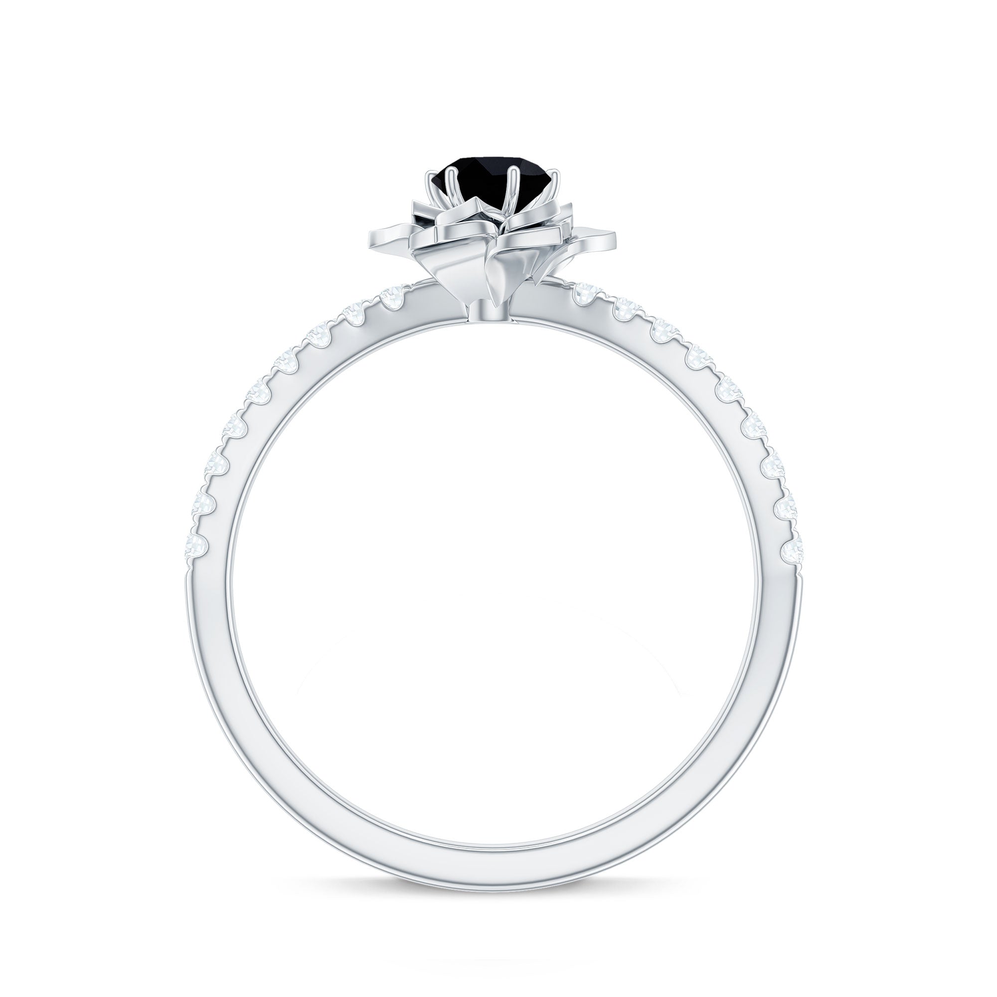 Certified Real Black Spinel Flower Engagement Ring with Diamond AAA - Rosec Jewels
