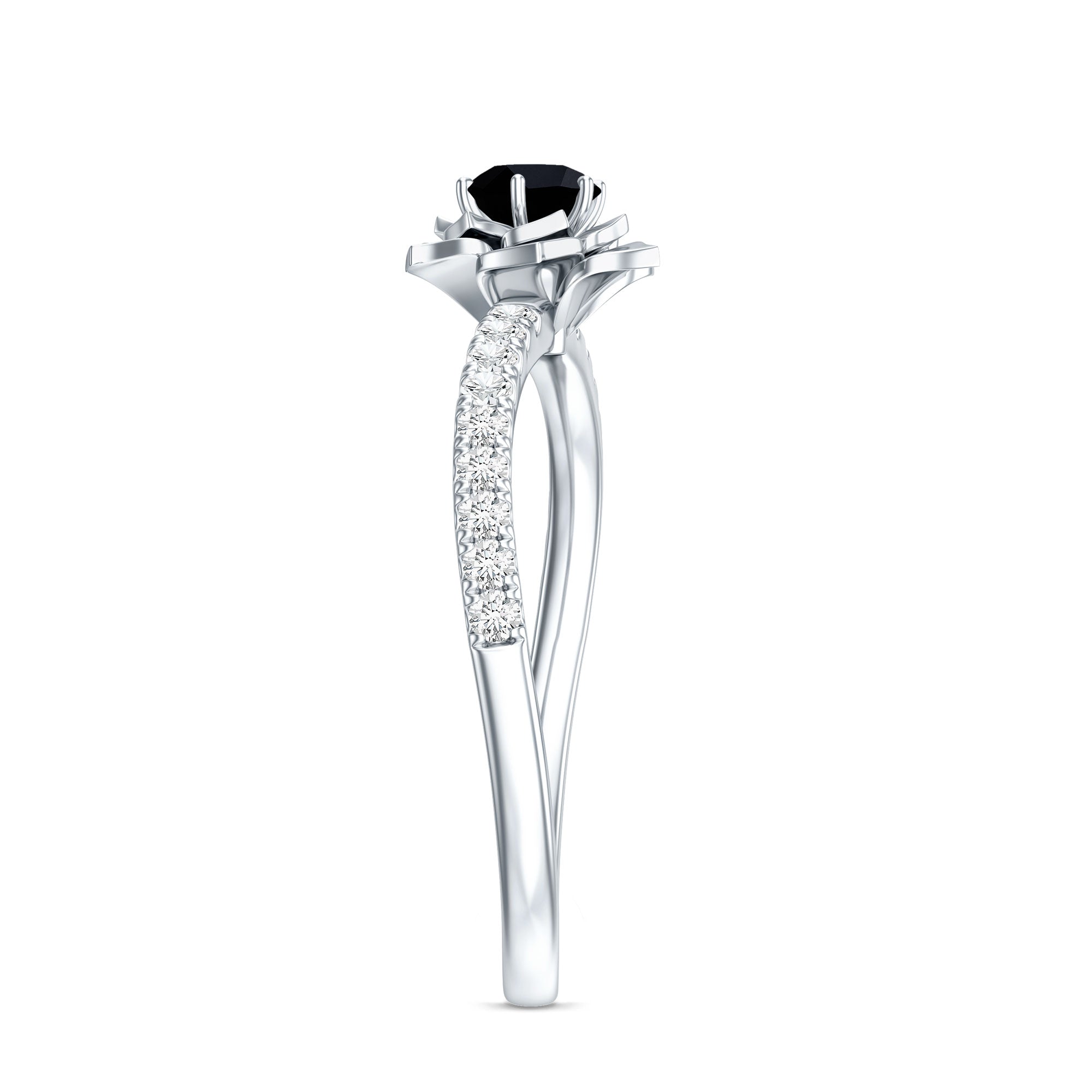Certified Real Black Spinel Flower Engagement Ring with Diamond AAA - Rosec Jewels