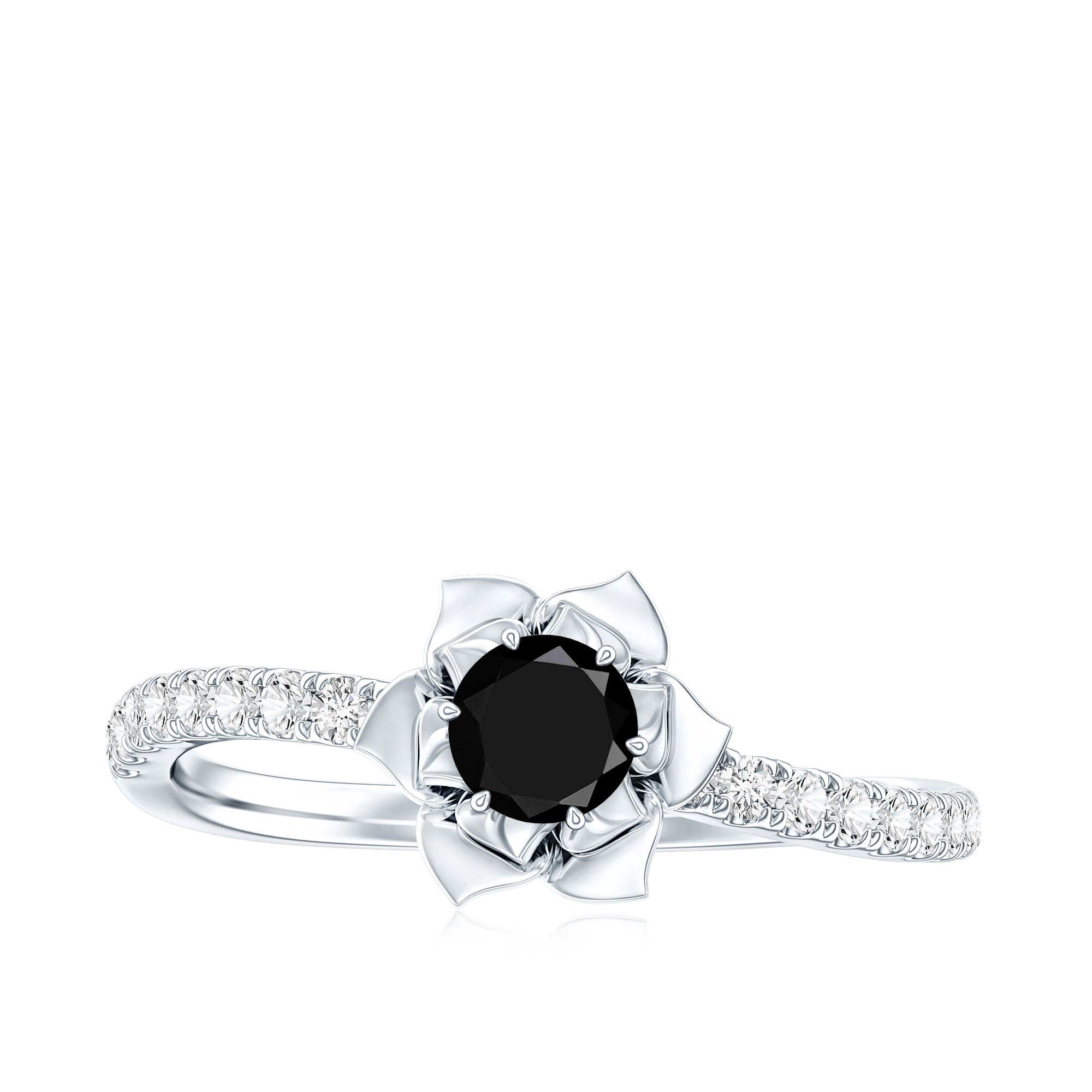Certified Real Black Spinel Flower Engagement Ring with Diamond AAA - Rosec Jewels