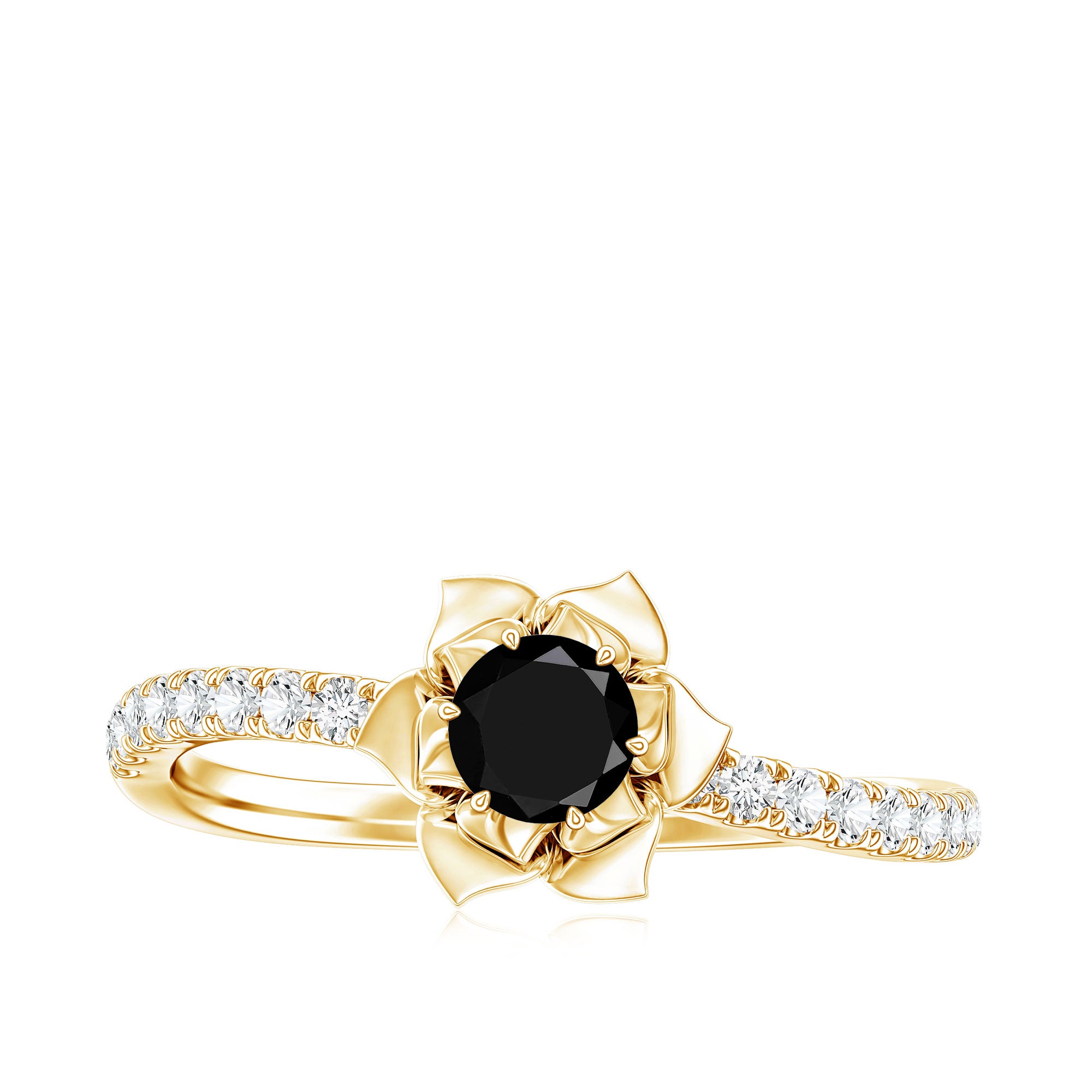 Certified Real Black Spinel Flower Engagement Ring with Diamond AAA - Rosec Jewels