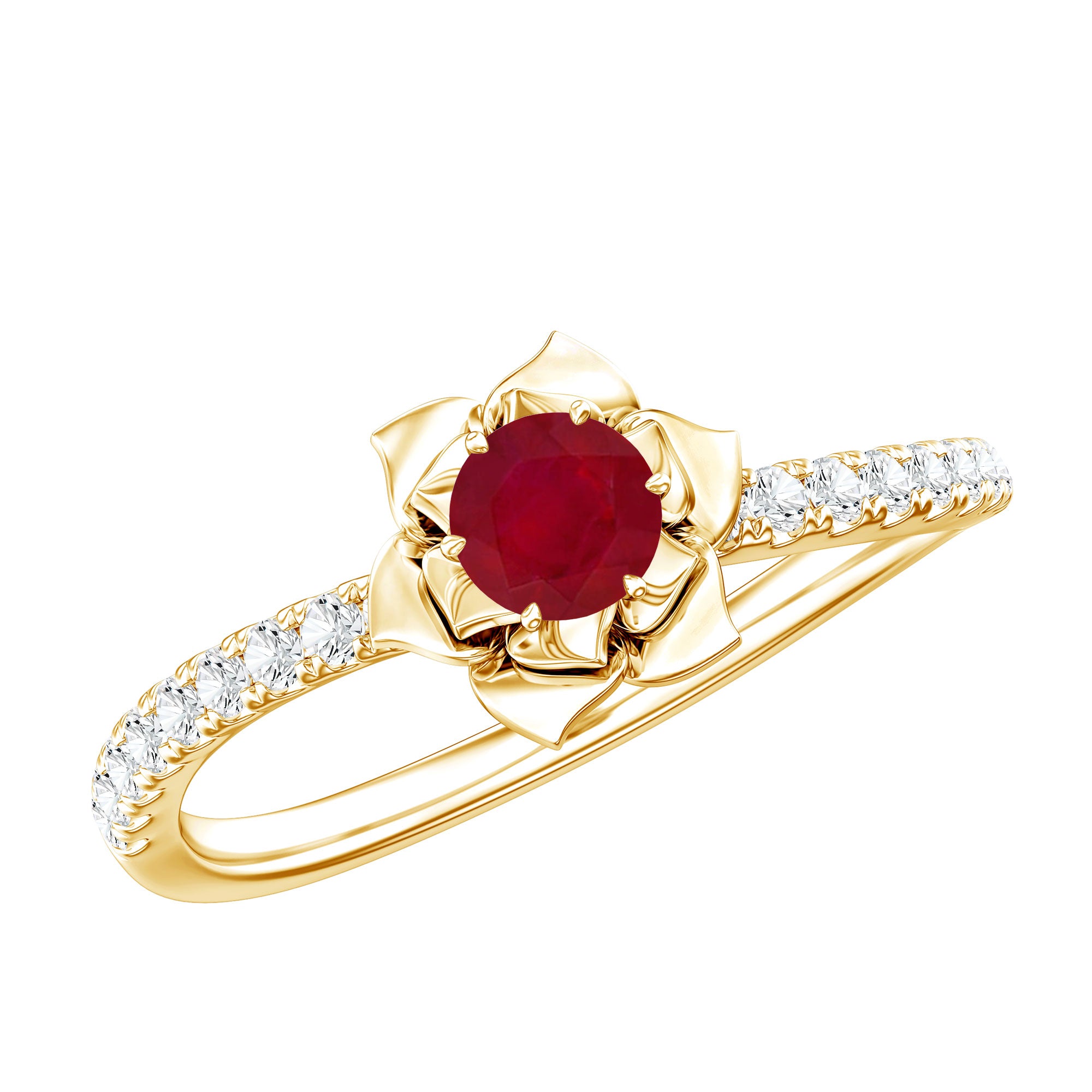 Natural 0.6 Carat Ruby Flower Engagement Ring with Diamond AAA - Rosec Jewels