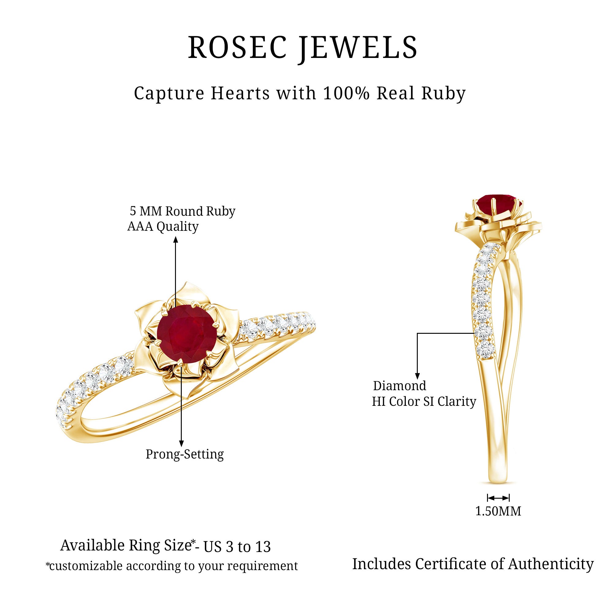 Natural 0.6 Carat Ruby Flower Engagement Ring with Diamond AAA - Rosec Jewels