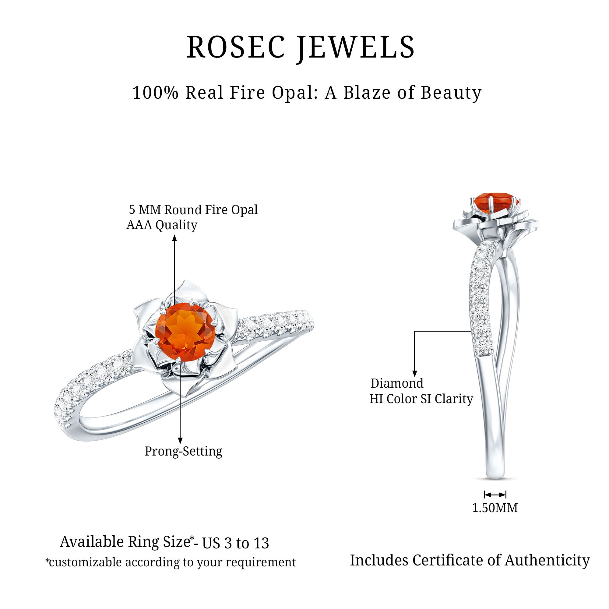 0.45 Carat Fire Opal Flower Engagement Ring with Diamond AAA - Rosec Jewels