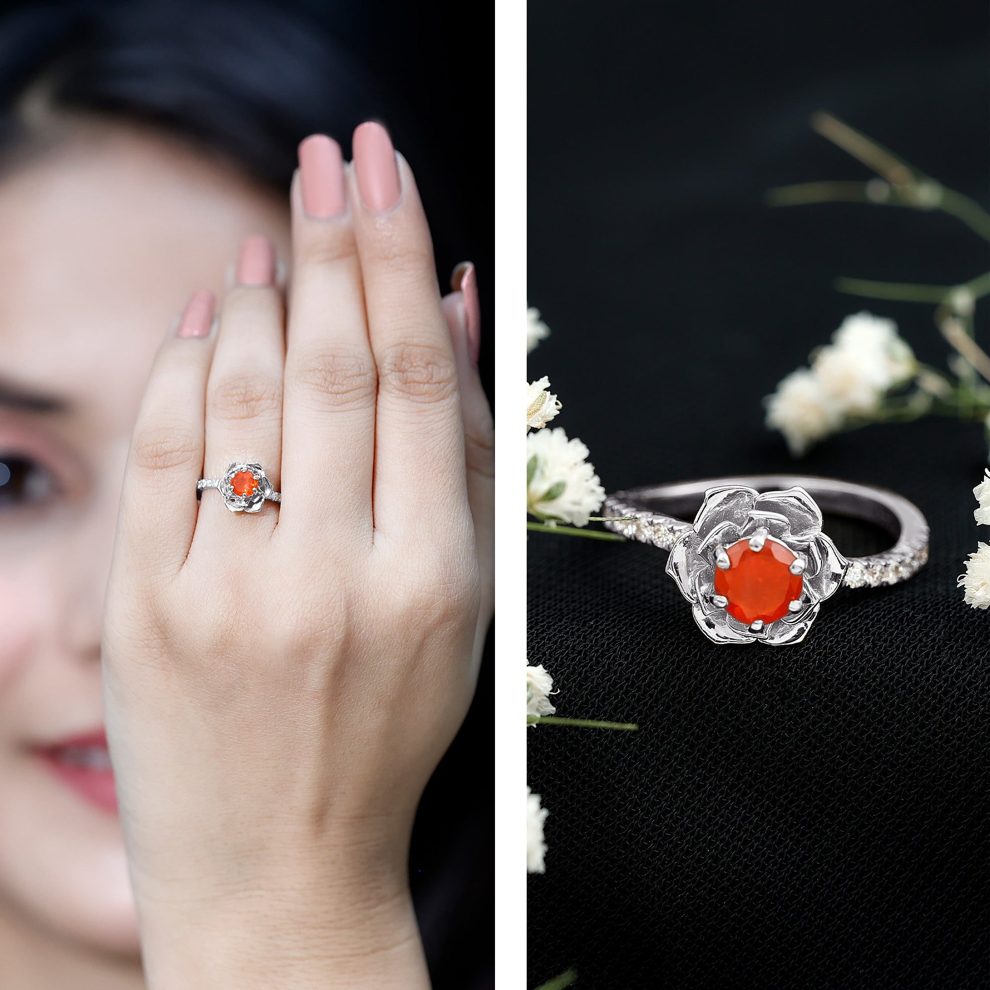 0.45 Carat Fire Opal Flower Engagement Ring with Diamond AAA - Rosec Jewels