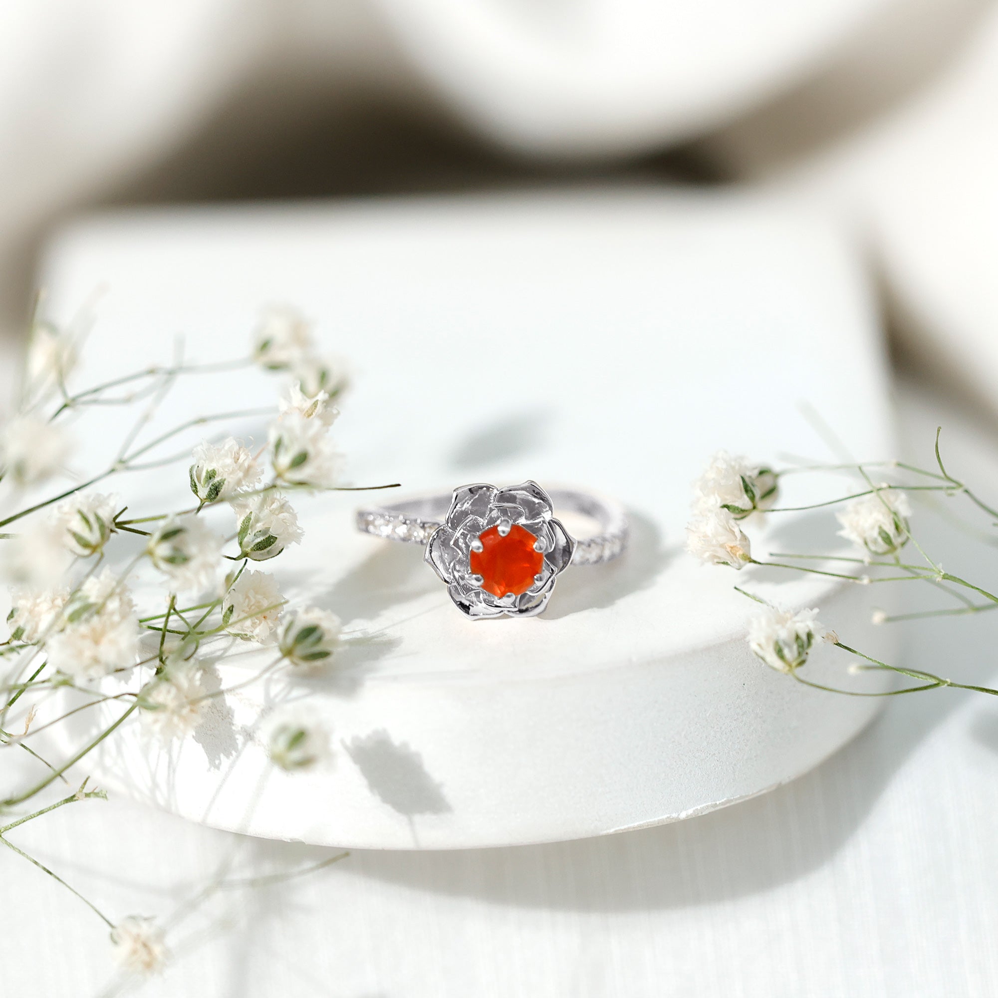 0.45 Carat Fire Opal Flower Engagement Ring with Diamond AAA - Rosec Jewels
