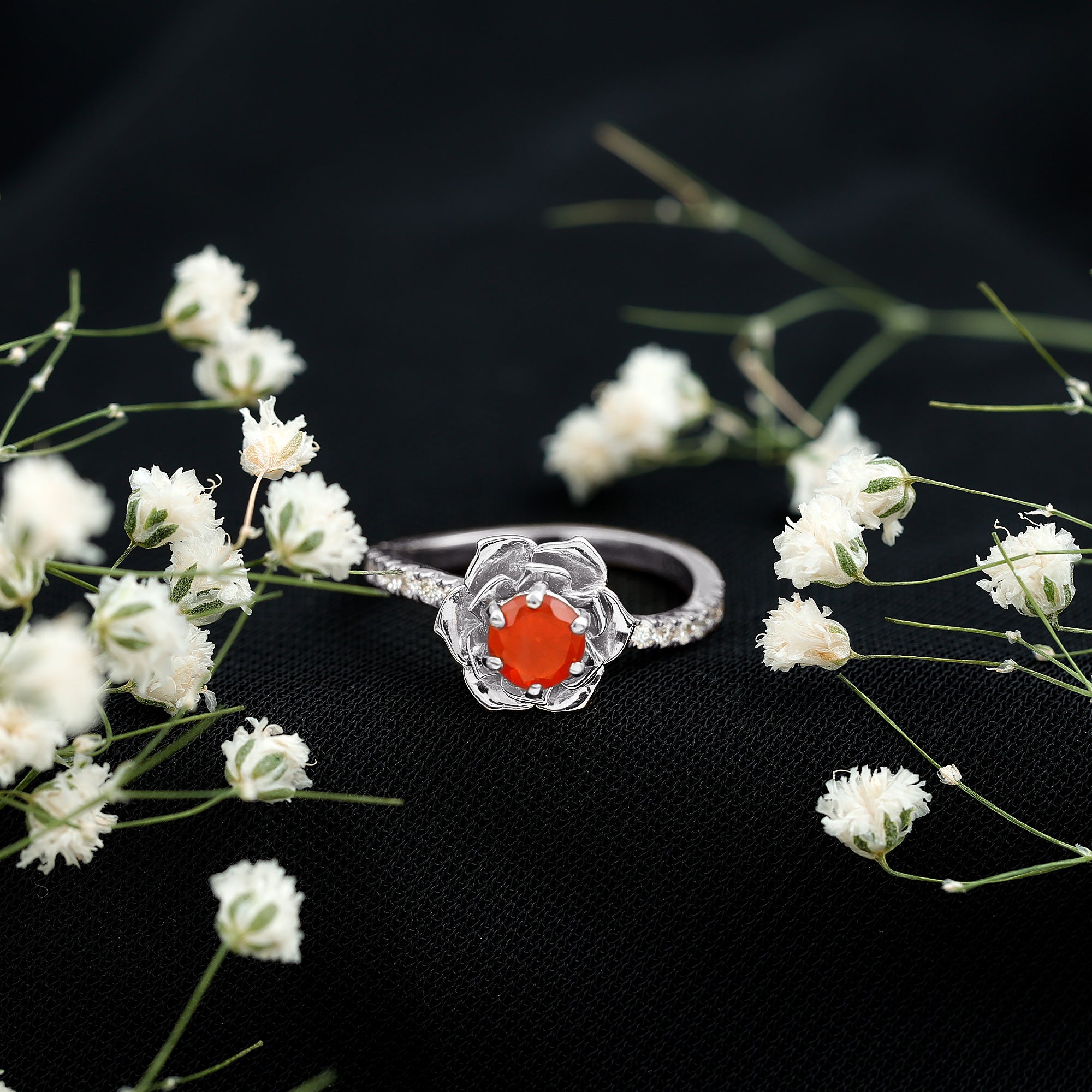 0.45 Carat Fire Opal Flower Engagement Ring with Diamond AAA - Rosec Jewels