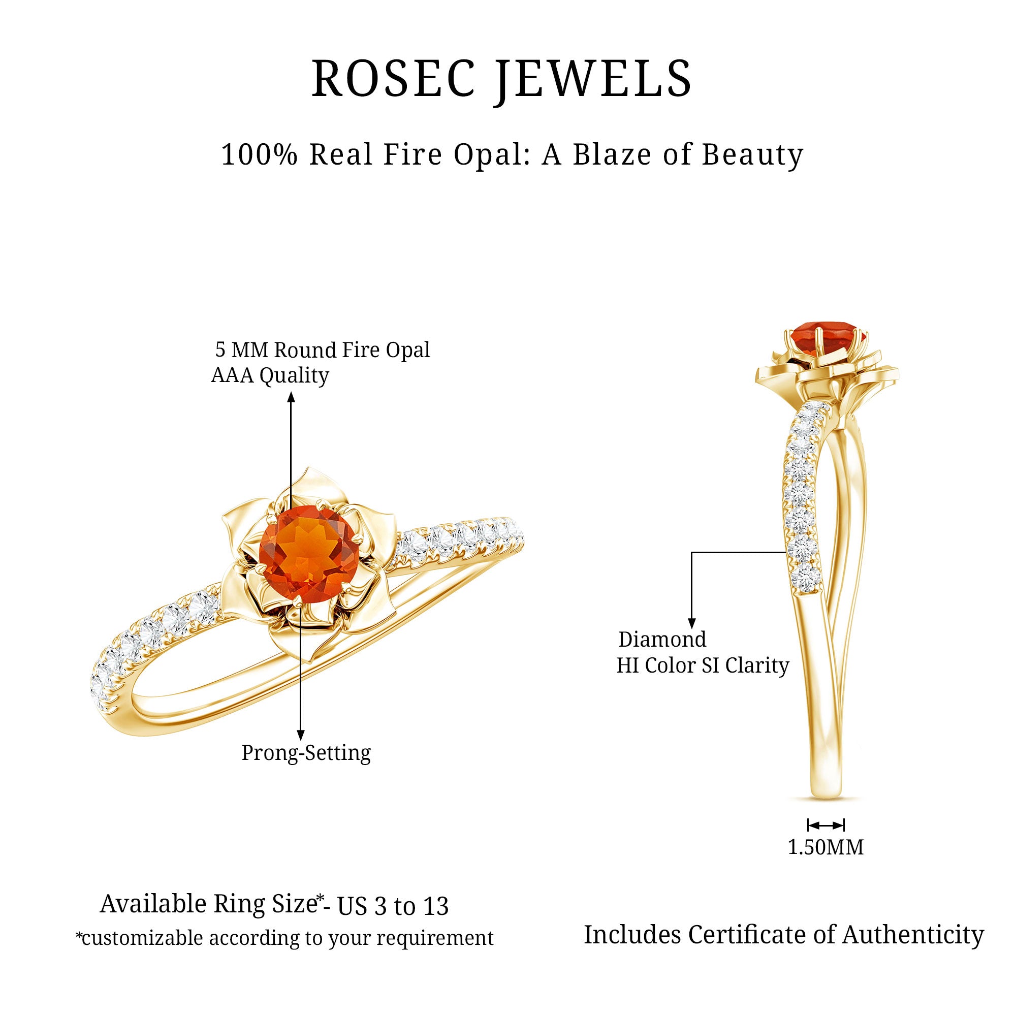 0.45 Carat Fire Opal Flower Engagement Ring with Diamond AAA - Rosec Jewels