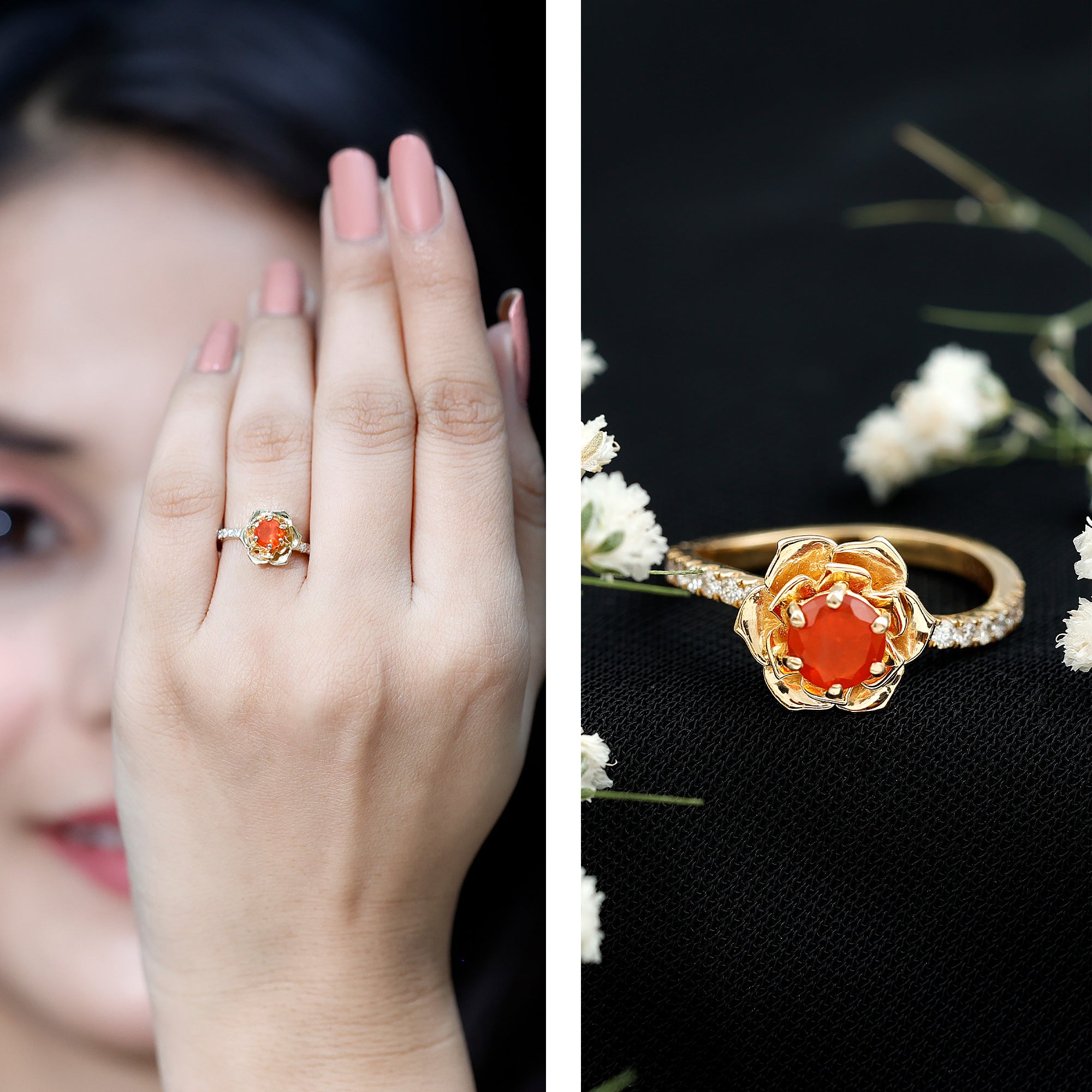 0.45 Carat Fire Opal Flower Engagement Ring with Diamond AAA - Rosec Jewels